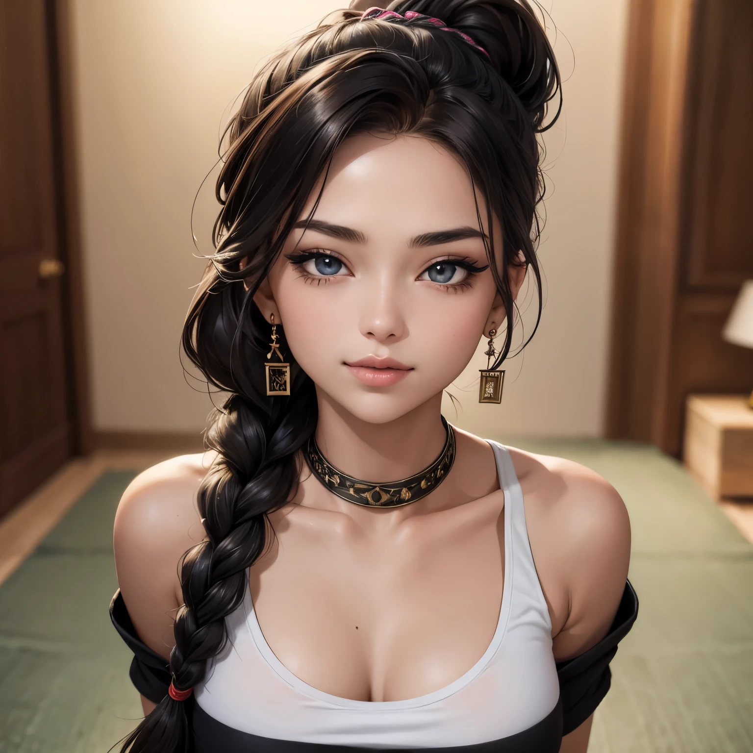 Sexy woman, black hair, single braid, seductive eyes, intense gaze, mouth parted, deep blush, flustered, beautiful face, amazing makeup, off shoulder t shirt