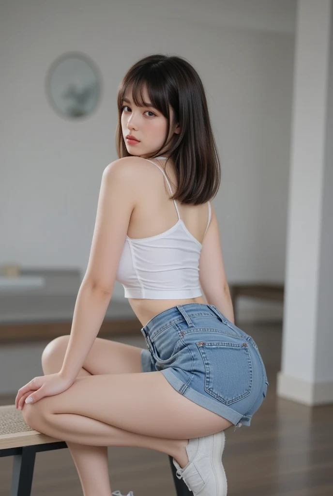 1 Girl, Sit on a stool，Eight inside both legs,hit，Sexy legs, Large white vest top，Skinny light blue denim shorts