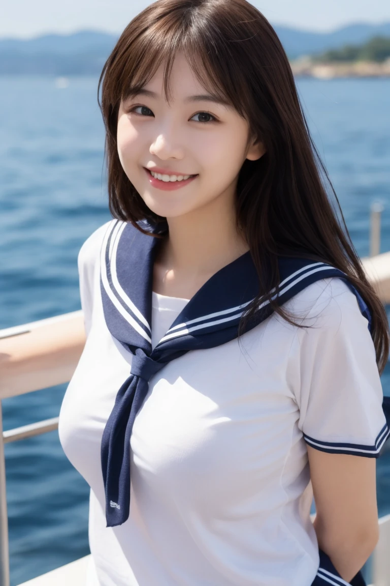 8K raw photo, Best quality, masterpiece, ultra high res, 3d, realistic, 1girl, asian, black_hair, black_sailor_collar, long_hair, nose, school_uniform, neckerchief, natural skin texture, light brown_eye, detailed eyes and face, lips, lipstick, smile, teeth, beautiful legs, enormous breasts, beautiful seaside location, (detailed background), plaid skirt, white shirt, enormous breast, blurry background, short sleeves