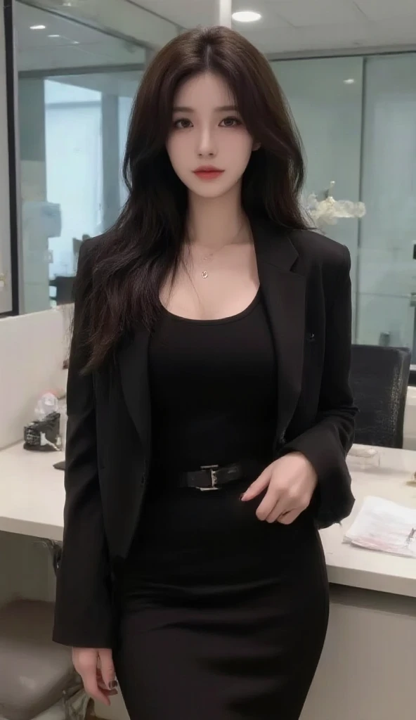 (In an art gallery, a magnetic woman observed the masterpieces with an air of refined taste. Her tailored, charcoal grey pantsuit exuded power and elegance, while her statement necklace added a touch of allure. With every brushstroke she studied, her intellect and appreciation for art drew in those around her, making her a center of fascination.),,,,,,,,,,, ( hyperrealistic 8k), (RAW PHOTO HDR Hyperdetailed), (( long Hair)), (