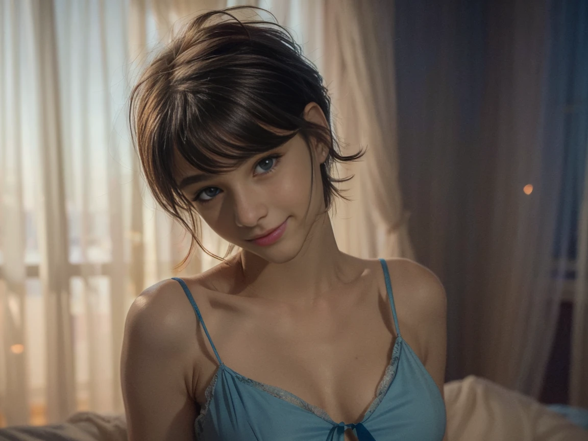 (Masterpiece: 1.2, Best Quality 1:1, Ultra Detail: 1.2, Best Shadows, 8k: 1.1), (beautiful detailed face), high contrast, (perfect lighting: 1.2), (cinematic light)), colorful, hyper-detail, dramatic light, intricate detail, (Isabel Merced, serious business woman, bob_cut_ hair, blue eyes, dynamic angle, smiling, cleavage), (big breasts:1.4)