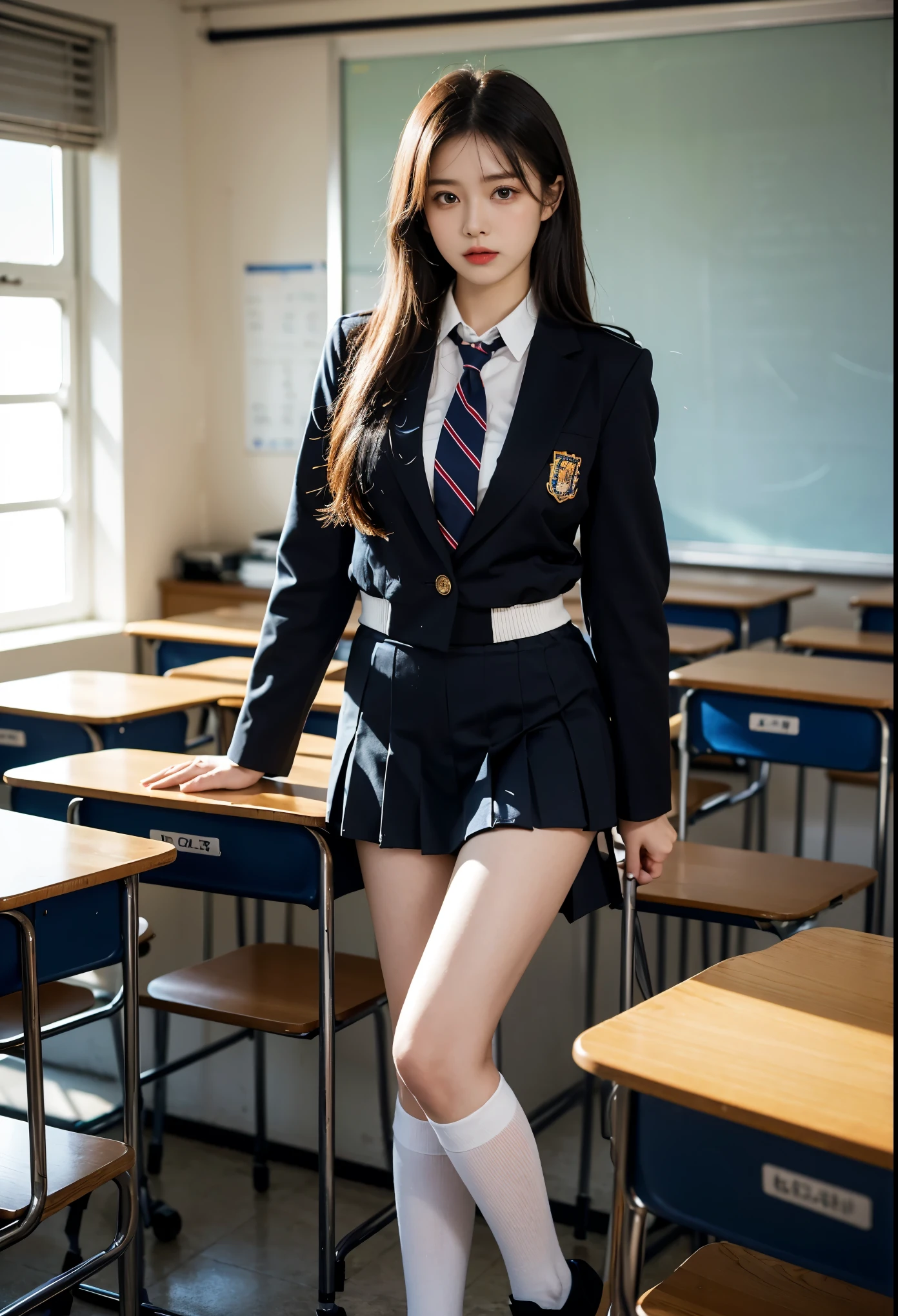 ulzzang-6500-v1.1, (raw photo:1.2), (photorealistic:1.4), beautiful detailed girl, very detailed eyes and face, beautiful detailed eyes, absurd, incredibly ridiculous, huge file size, super detailed, high resolution, very detailed, best quality, masterpiece, kemomimi, ((high school uniform)), illustration, very detailed, CG, unified, 8k wallpaper, amazing, fine details, masterpiece, best quality, very detailed CG uniform 8k wallpaper, face light, cinematic lighting, 1girl, , (long skirt), (half), (socks)), (sitting in classroom))