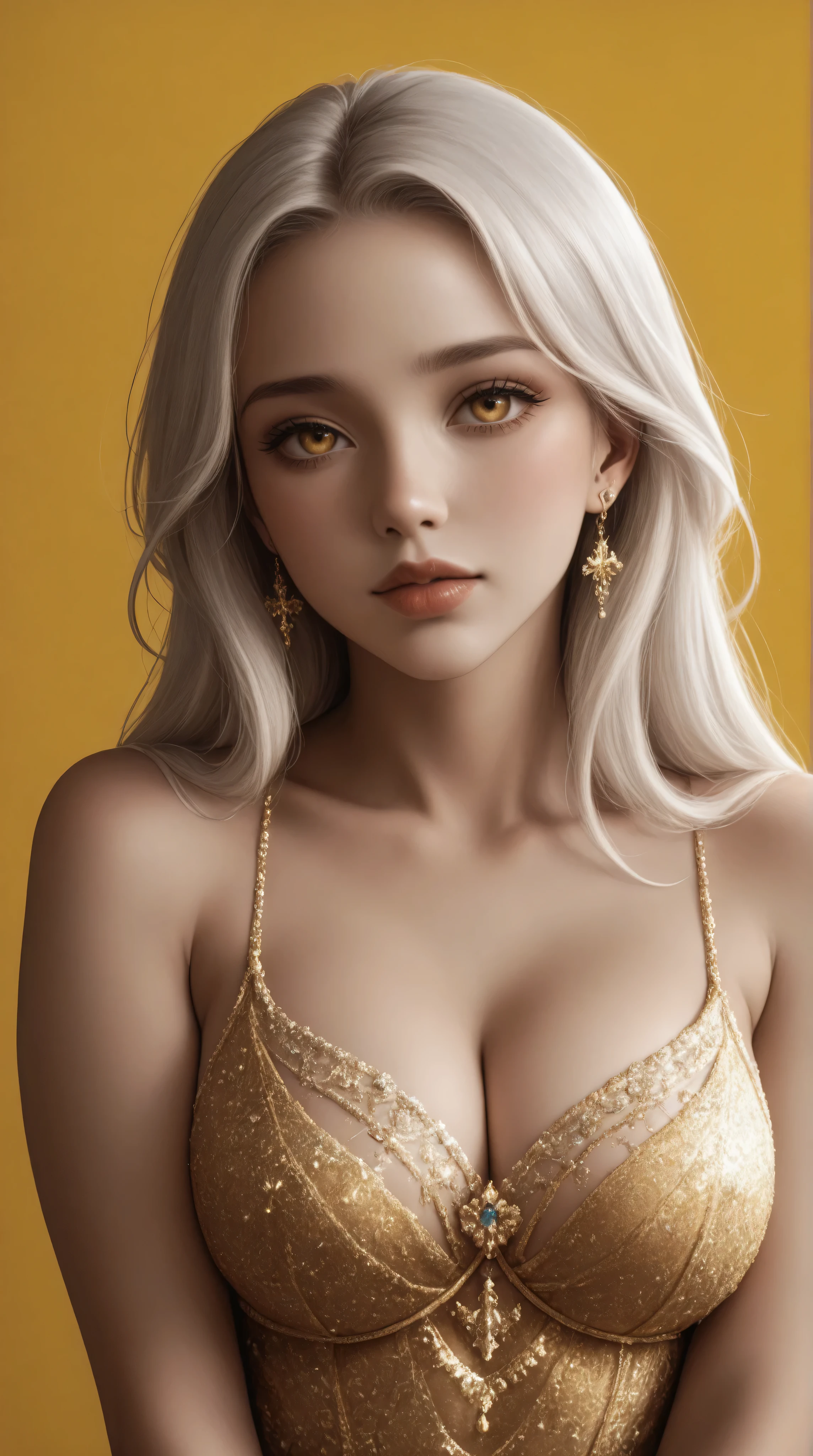 Yellow Background, Beautiful white-haired Russian woman with piercing gold eyes,