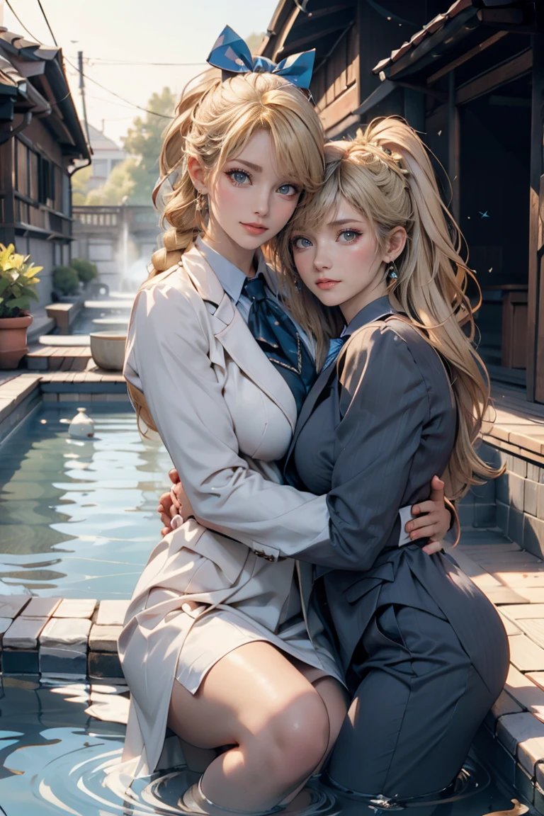 1gril, (Solo:1.3), trench, Onsen, Outdoors, blazer jacket, hugging own legs, Certainly(Blue Archive), Medium breasts,  Blonde hair, Braids, folded ponytail, Hair ribbon,