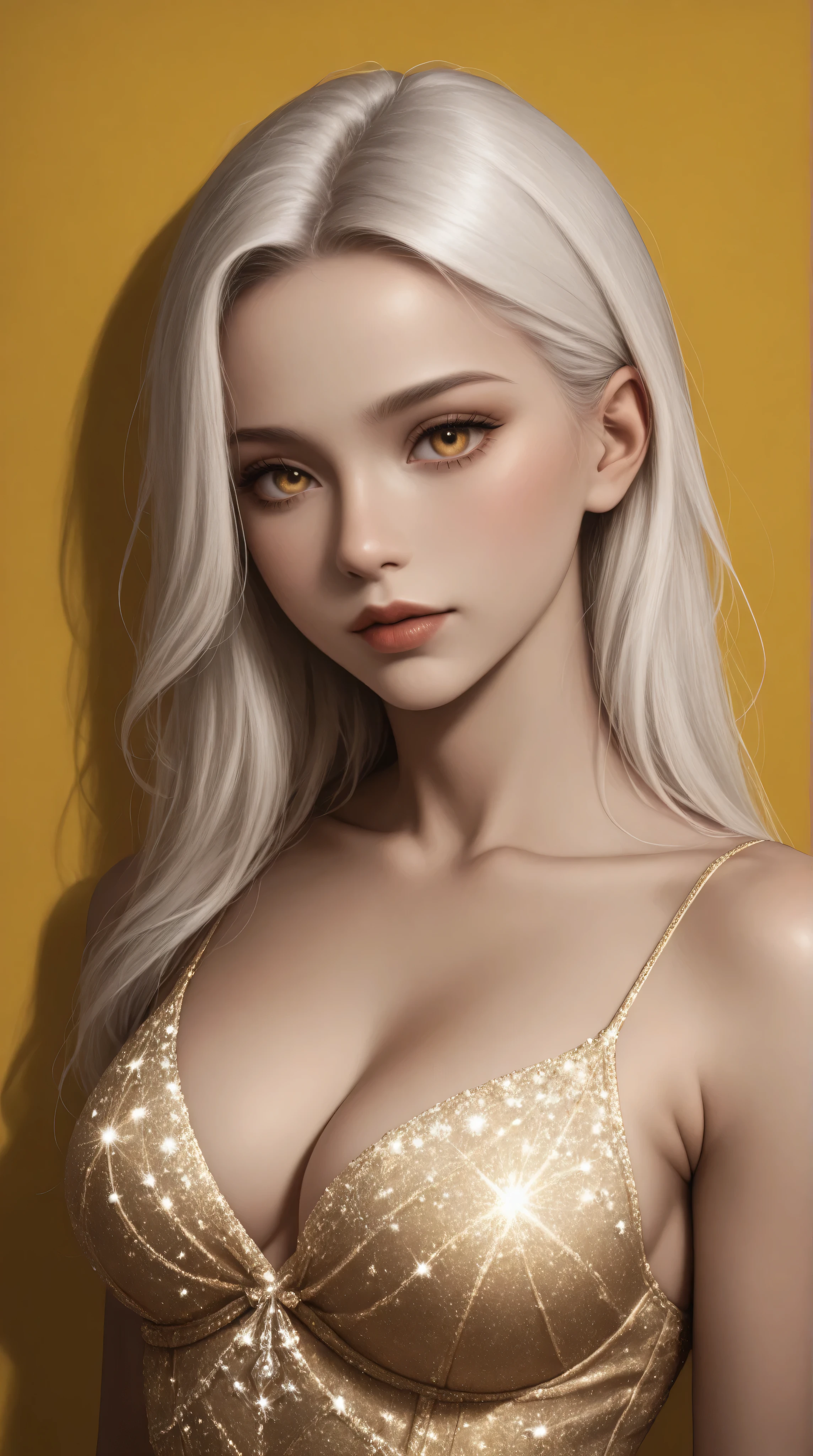 Yellow Background, Beautiful white-haired Russian woman with gold eyes,
