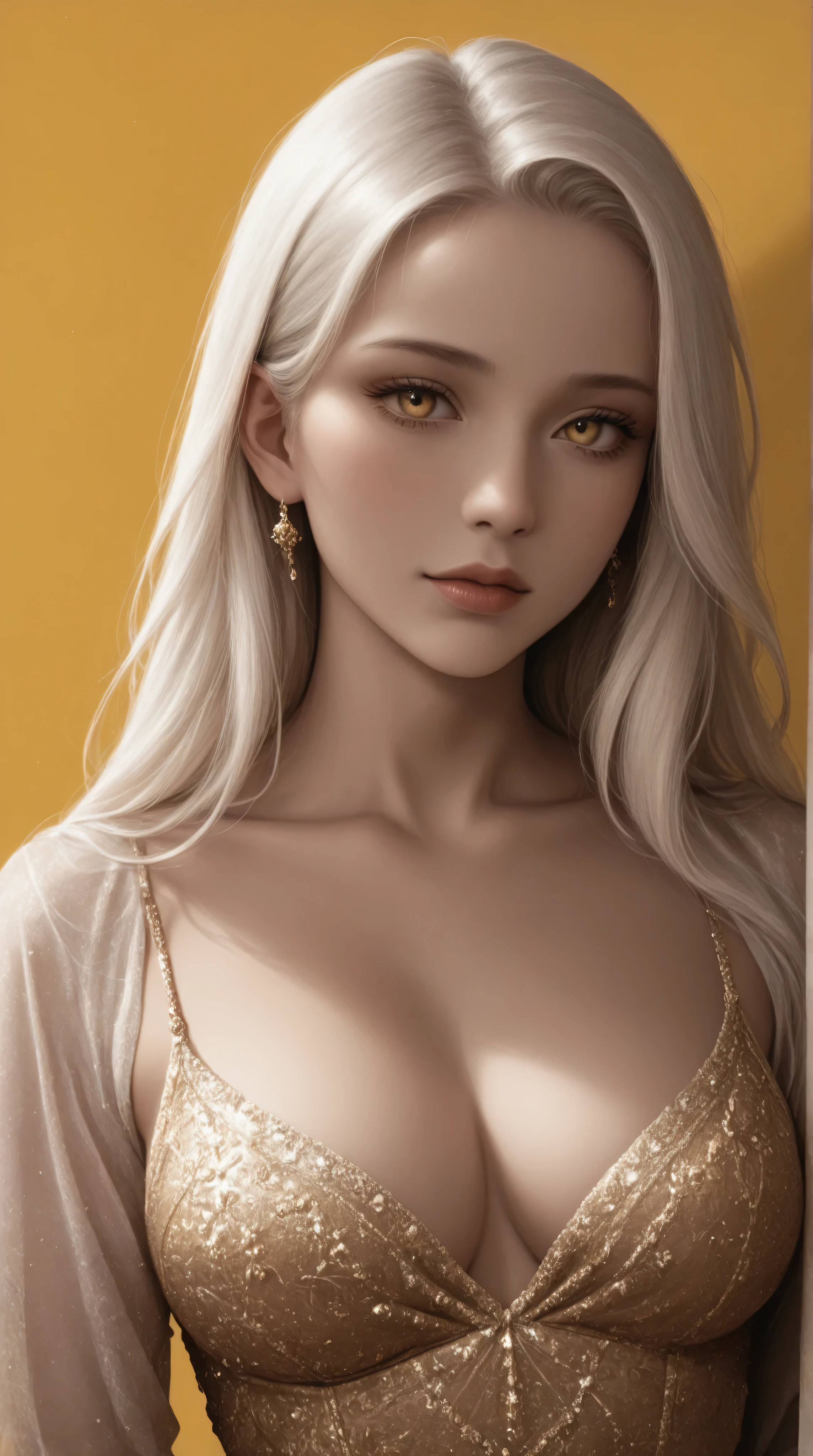 Yellow Background, Beautiful white-haired Russian woman with gold eyes,