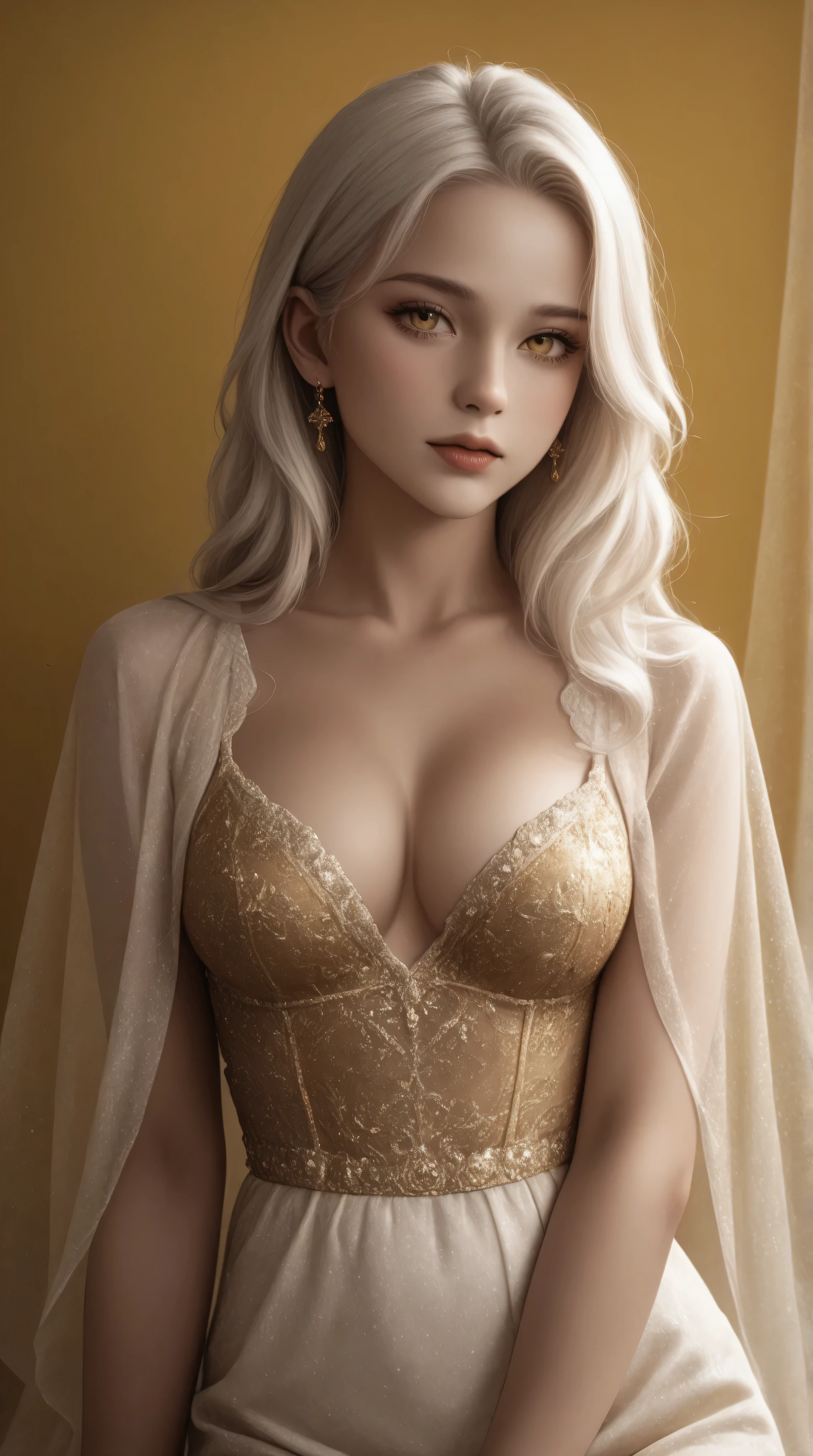 Yellow Background, Beautiful white-haired Russian woman with gold eyes,