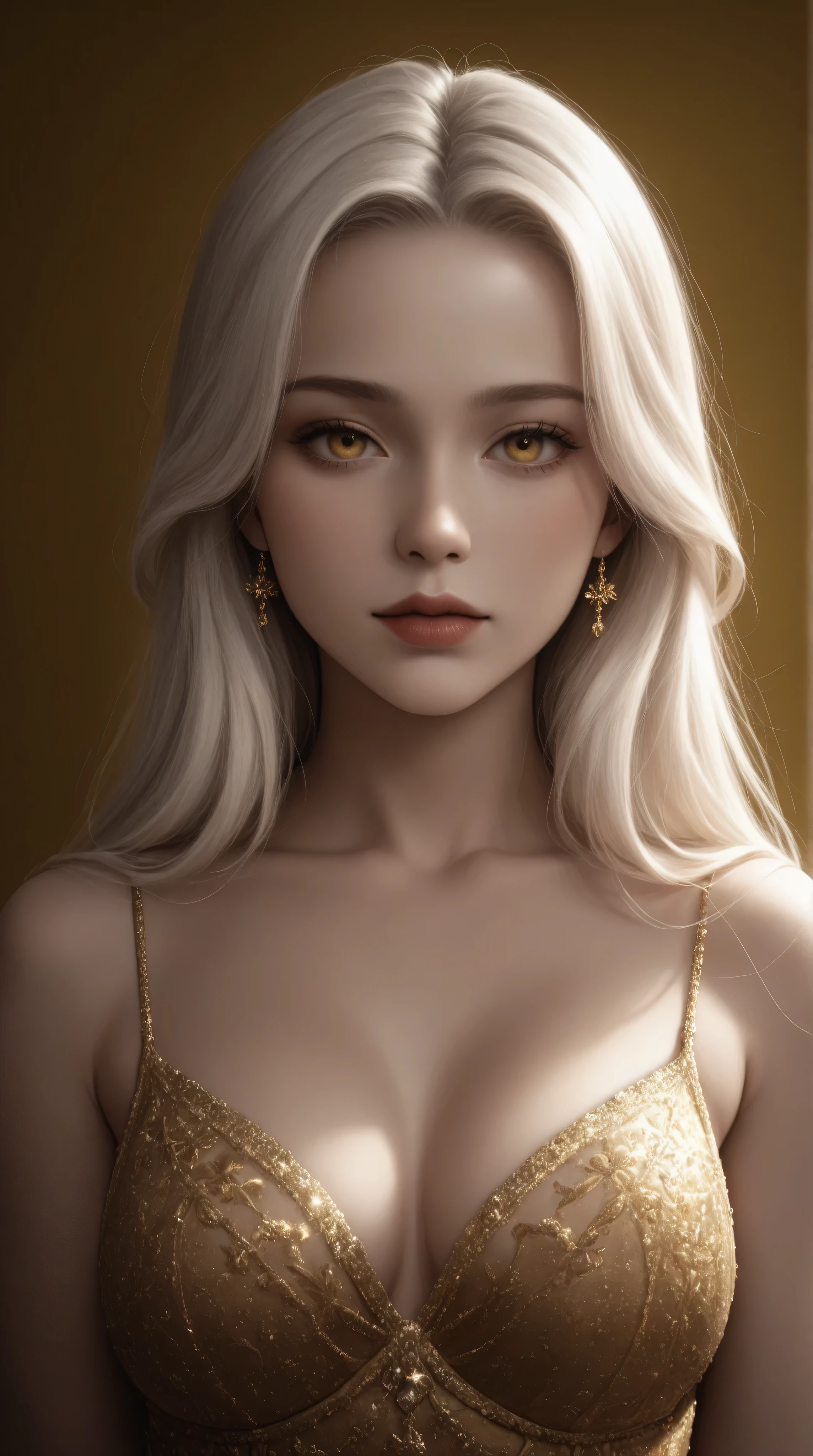 Yellow Background, Beautiful white-haired Russian woman with gold eyes,