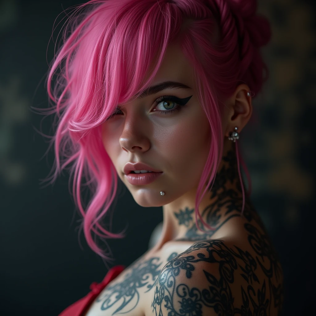 thai girl, beautiful facial features, light freckles, funny colorful hair, completely naked tattooed body, Fishnet stocking look away