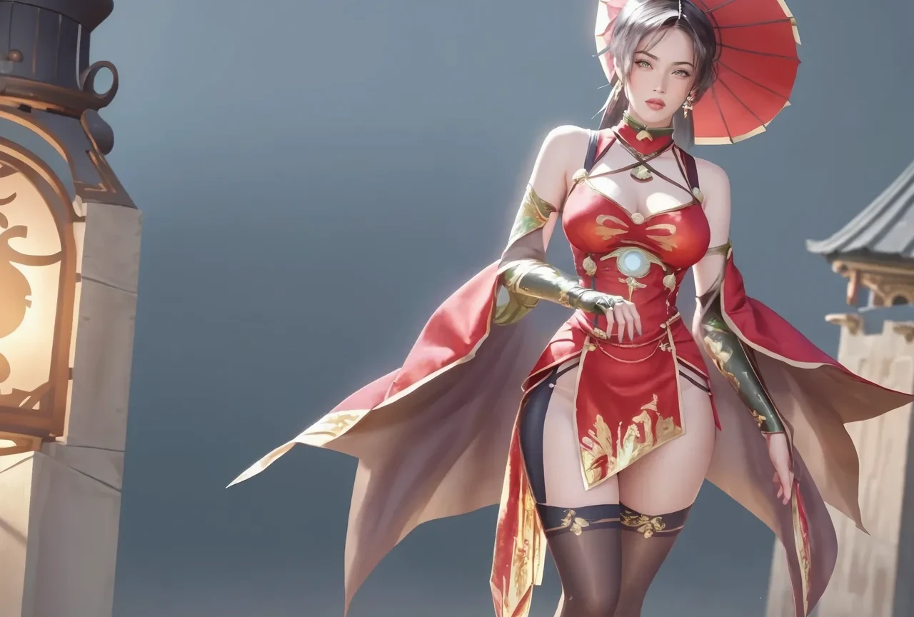 There was a woman in a red dress holding a sword, posing with a sword, elegant cinematic pose, lady in red armor, inspired by Ju Lian, Red robes, succubus in tight kilt, wearing gilded red robes, yoko matsugane as mai shiranui, full-body xianxia, Inspired by Lan Ying, Full body CGsociety