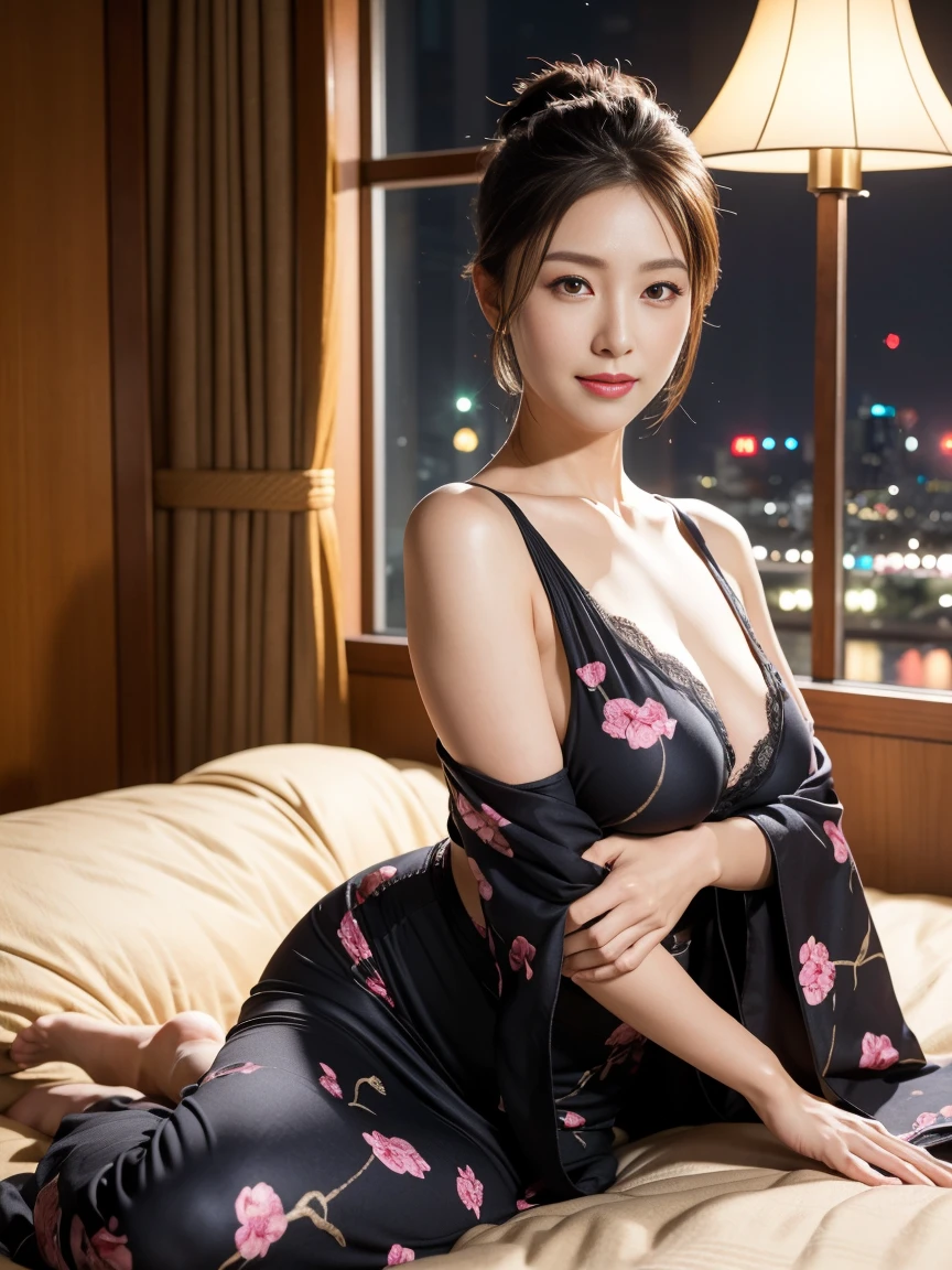 (best quality, 8K, At 32K, muste piece, ticker:1.Hotou of glamorous Japanese women, 1 girl, (Slender body shape, perfect body :1.2), medium short hair: 1.1, (Indian Earl, night time :1.2), Lying naked on the bed wearing a kimono, Super-detailed face, detailed lip, detailed eyes, double eyelid