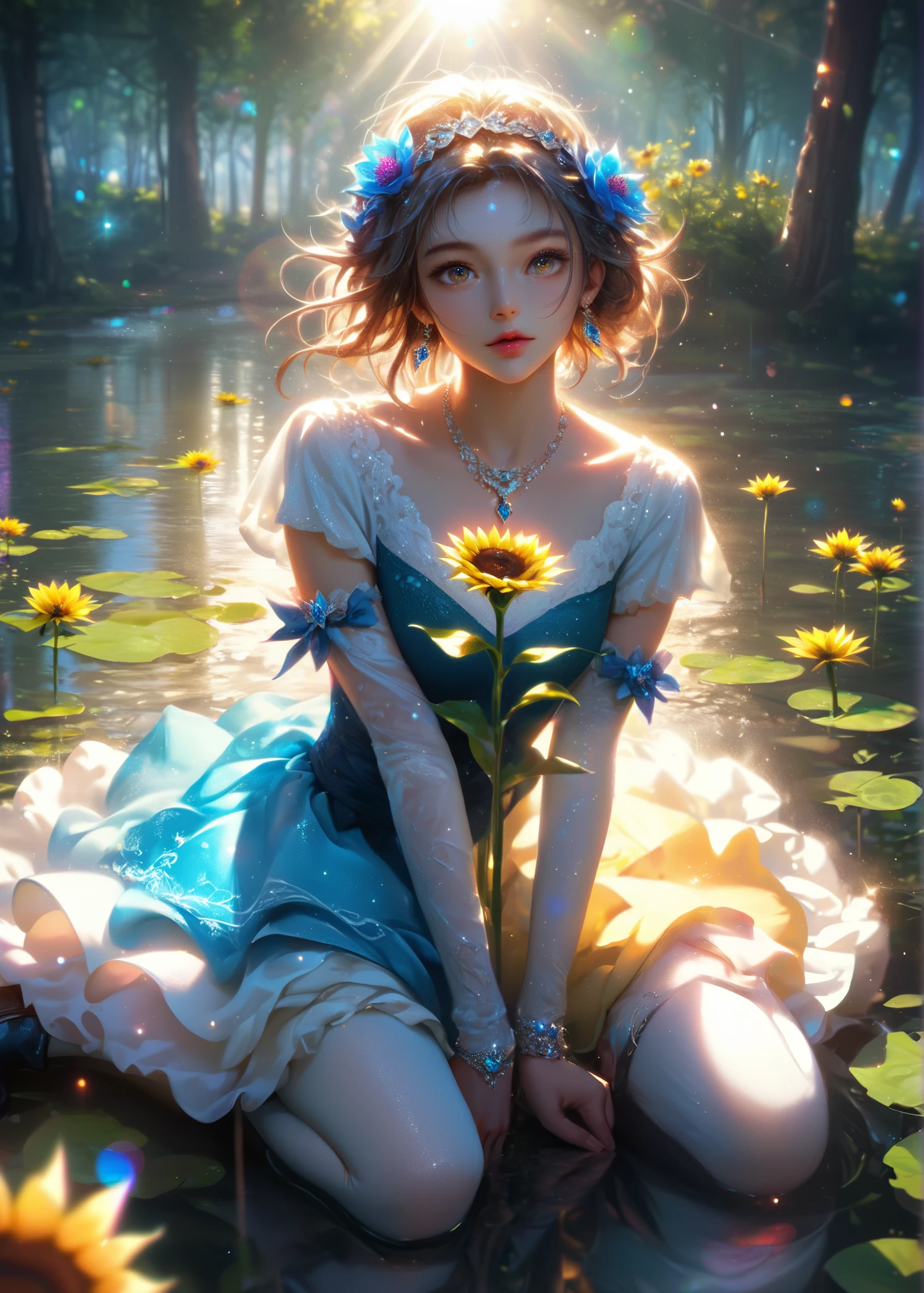 masterpiece, best quality, newest, absurdres, highres, phosphophyllite, gem uniform \(houseki no kuni\),solo, extremely exquisite female facial description,eye reflection,colorful,detailed light,light leaks,sunlight,shine,bokeh,blurry foreground,ray tracing,lens flare,cinematic lighting,sunflower,spider lily,blue flower, (realistic:0.8), foreshortening, outdoors, sitting, forest, lotus position, indian style, shoes, holding flower,