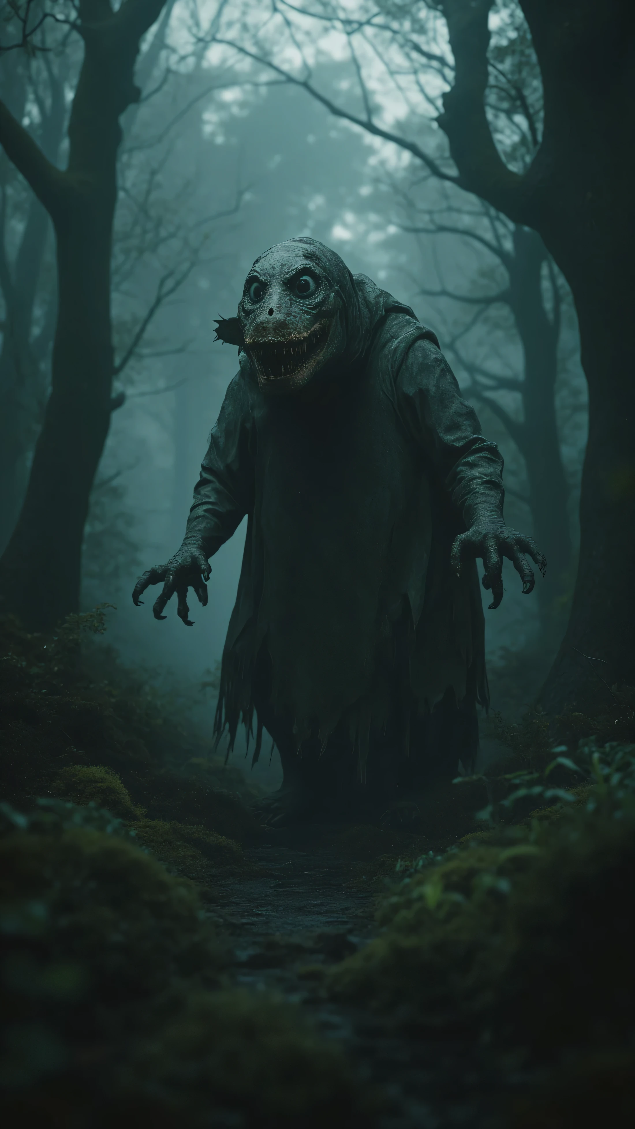 A scary dark forest and there's a dinosaur standing there wearing a raincoat and scared