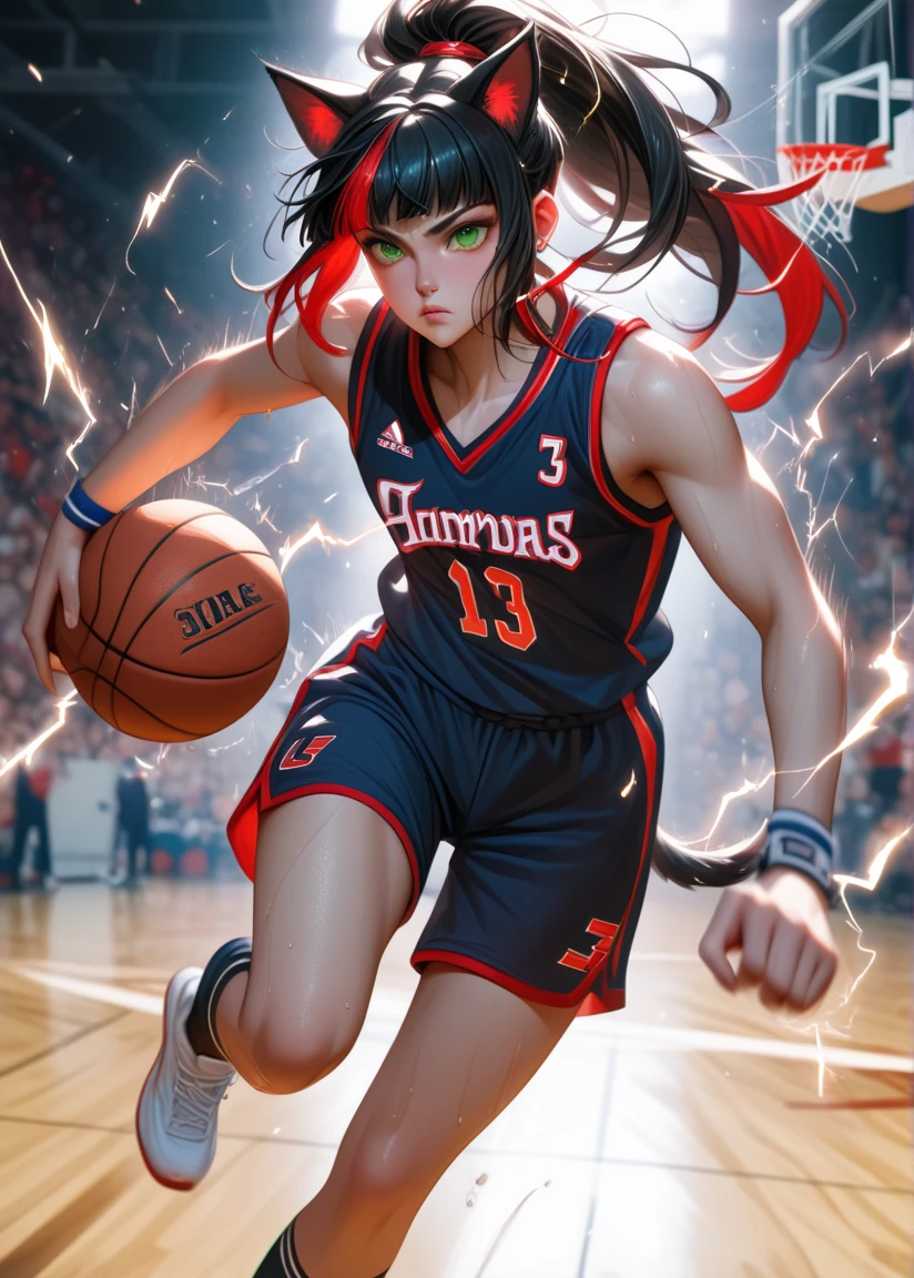 masterpiece, best quality, newest, absurdres, highres, basketball uniform, black uniform, motion lines, motion blur, 1girl, high ponytail, basketball, holding basketball, running, eye trail, electricity, j4ne d0e, tail, two-tone hair, black hair, red hair, blunt bangs, animal ears, green eyes, serious,
