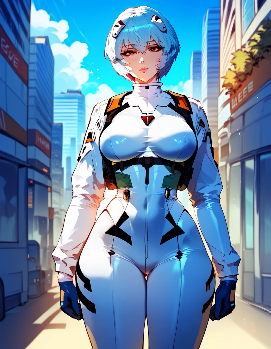 Giantess art, giantess, ((towering over you)), masterpiece, best quality, 1girl, ayanamirei, plugsuit, earphone interface, looking at the viewer, light smile, city park, upper body, arms_behind_back, walking in the city