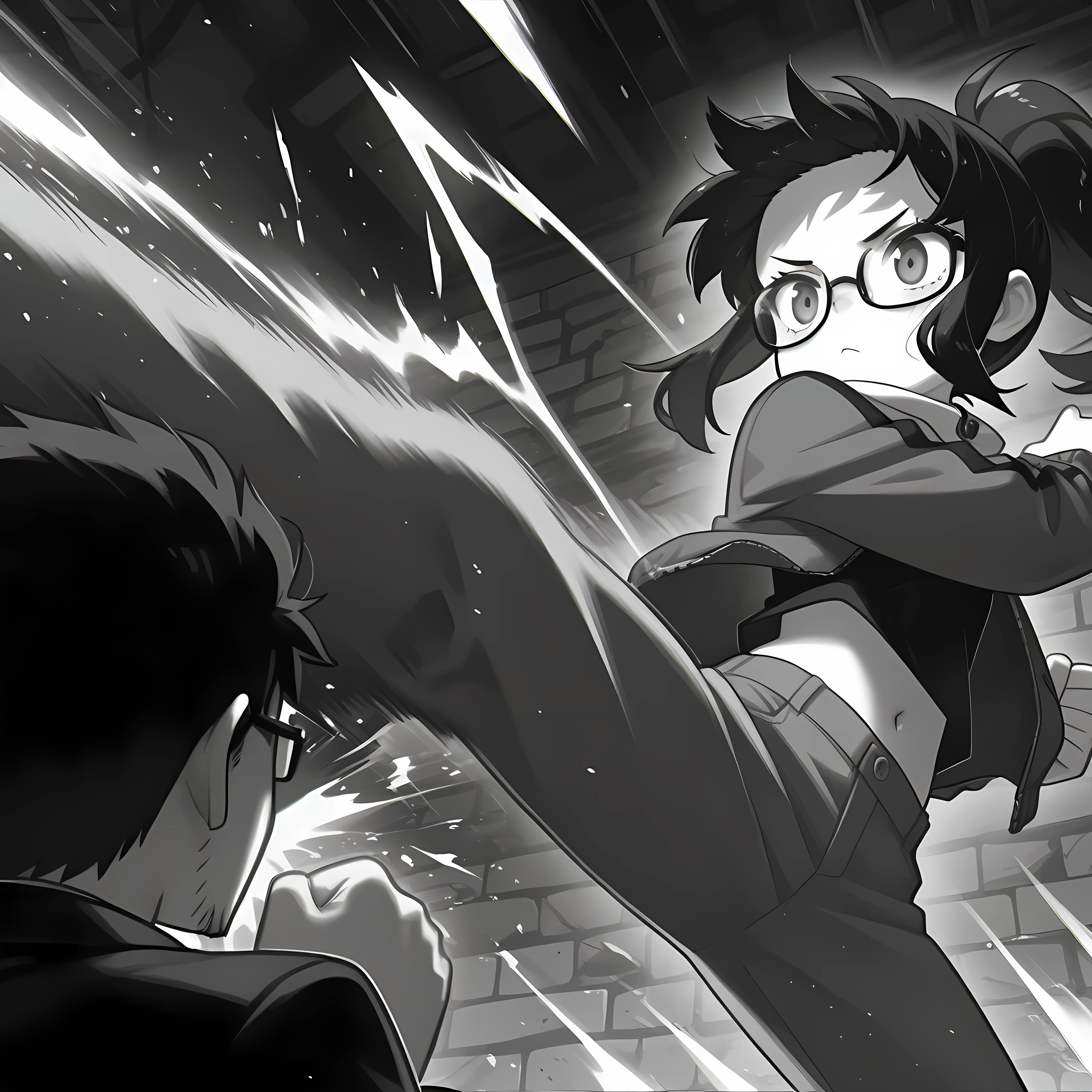 Score_9, score_8_up, score_7_up, masterpiece, best quality, amazing quality, very aesthetic, high resolution, ultra-detailed, absurdres, newest, Anime screencap, highly detailed, high quality, hyper-Detailed, mistico_IL. BREAK.
1girl, shirt, 1boy, navel, jacket, monochrome, ponytail, greyscale, glasses, pants, facial hair, motion lines, motion blur, kicking, punching, fighting, in the face