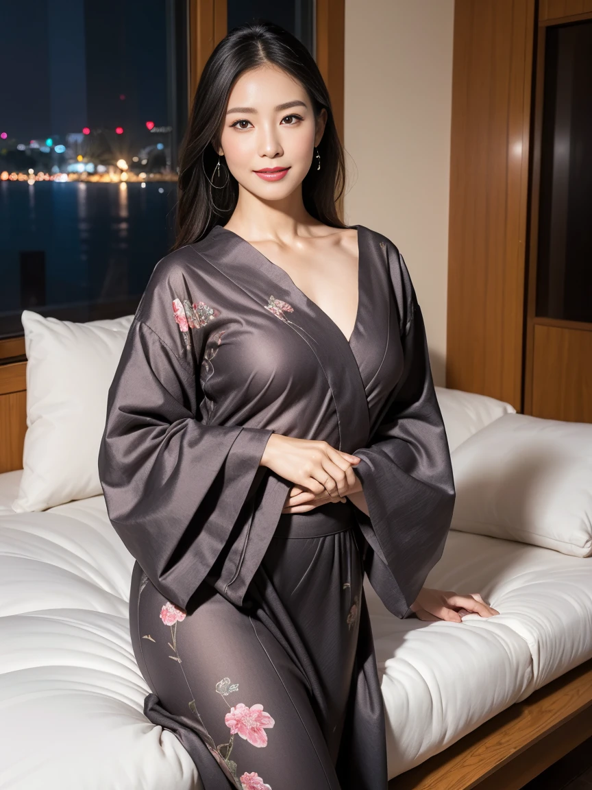  japanese, hostess makeup, brown hair, smile, dynamic angle, high res, (photo realistic:1.2), (highly detailed:1.1),((Abstract and colorful floral dress_ see-through long sleeves_ Wrap Dress:1.3)),(View of the city at night), window, delicate background, bokeh, professional lighting, physically-based rendering, ((backshot)), slim, sexy, ((stick out butt)),