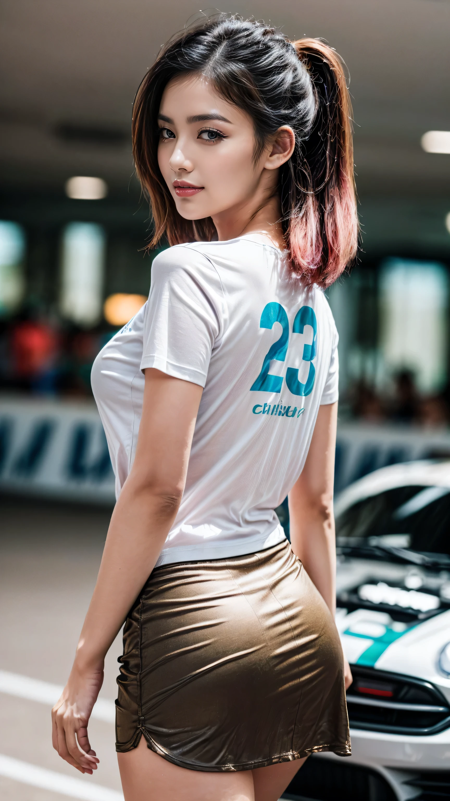 ([(absurd quality],high-res,masterpiece, realism,photorealistic)], Intricately detailed), portrait of a beautiful 23-year-old 1woman, (best quality details in realistic texture: skin, hair), (high-res Realistic brown_eyes, clear sharp, not blurry, super quality details:1.15), (([eyes|eyeshadows]:[brown|pink])), (thin eyebrows, perfect teeth, red lipstick, seductive makeup), ((anatomically correct)), ((perfect proportions)), best quality ((soft lighting)), sharp focus captured by Fujifilm XT3, f 5.6, ((perfect composition)), pale skin, (dry skin), (skinny body build:1.4), cleavage, (perfect hot model body:1.4), (Intricately Detailed white t-shirt, ((t-shirt)), wear:1.25), (minimalist provocative styling:1.2), (purple hair:1.2),((green pleated mini skirt:1.21)), (firm and full breasts), beautiful cheekbones, Double eyelids, ((satisfaction smile, gorgeous appearance, electrifying appearance)), (Upper body shot), ((Dynamic pose:1.2)), ((on the racetrack:1.3)), (((woman in the office))), ((((from behind)))),((leaning forward:1.45)), ((look at the viewer)), ((shot above the knee)), ((from below:1.35)),