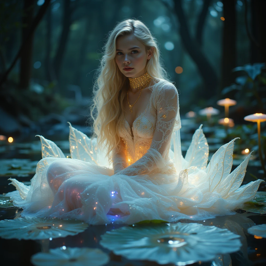 An elf woman bathes in a semi-transparent white nightgown in a pond while several butterflies flutter nearby.