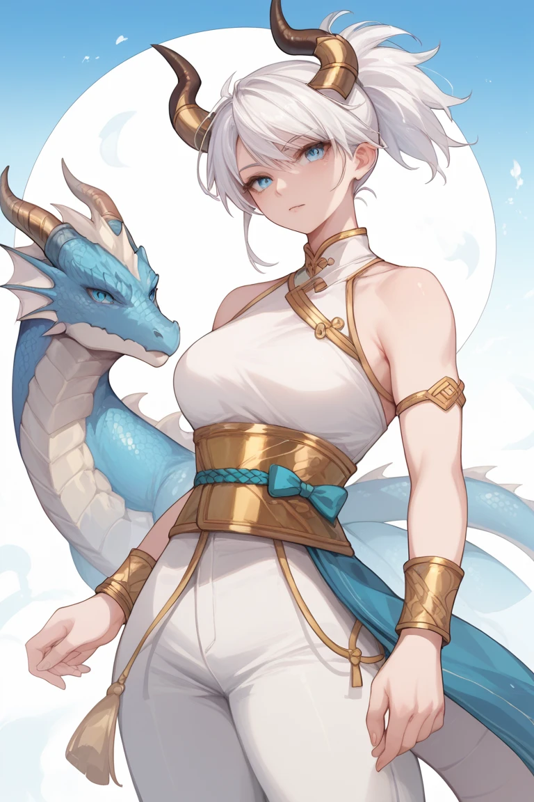 (masterpiece, best quality:1.2), 1girl, solo,standing confidently, cocky smile,

long silver hair tied back, sharp golden eyes, pale skin, C-cup breasts, tall, muscular hourglass figure, beautiful six-pack, two beautiful simple dragon horns resemble light blue steel on the head, another set of short dragon horns resemble light blue steel under the ears, sharp dragon claws resemble light blue steel, dragon tail resemble light blue steel, dragon wings resemble light blue steel, blue pear earrings, light blue gemstone necklace with golden dragon phoenix pendant, white sleeveless crop top, ivory trousers, dark blue leather belt, dark blue platform sandals.