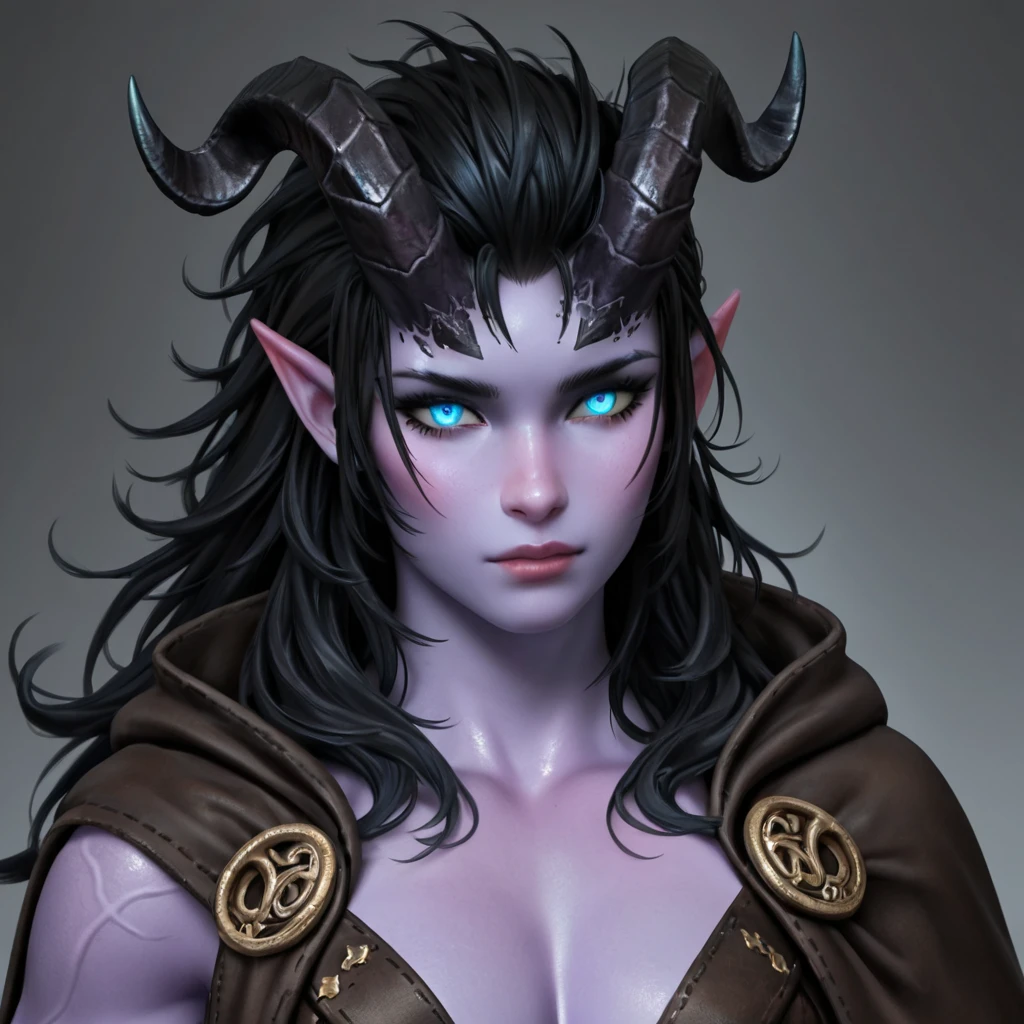 Tiefling male with light purple skin, blue eyes, black horns - SeaArt AI