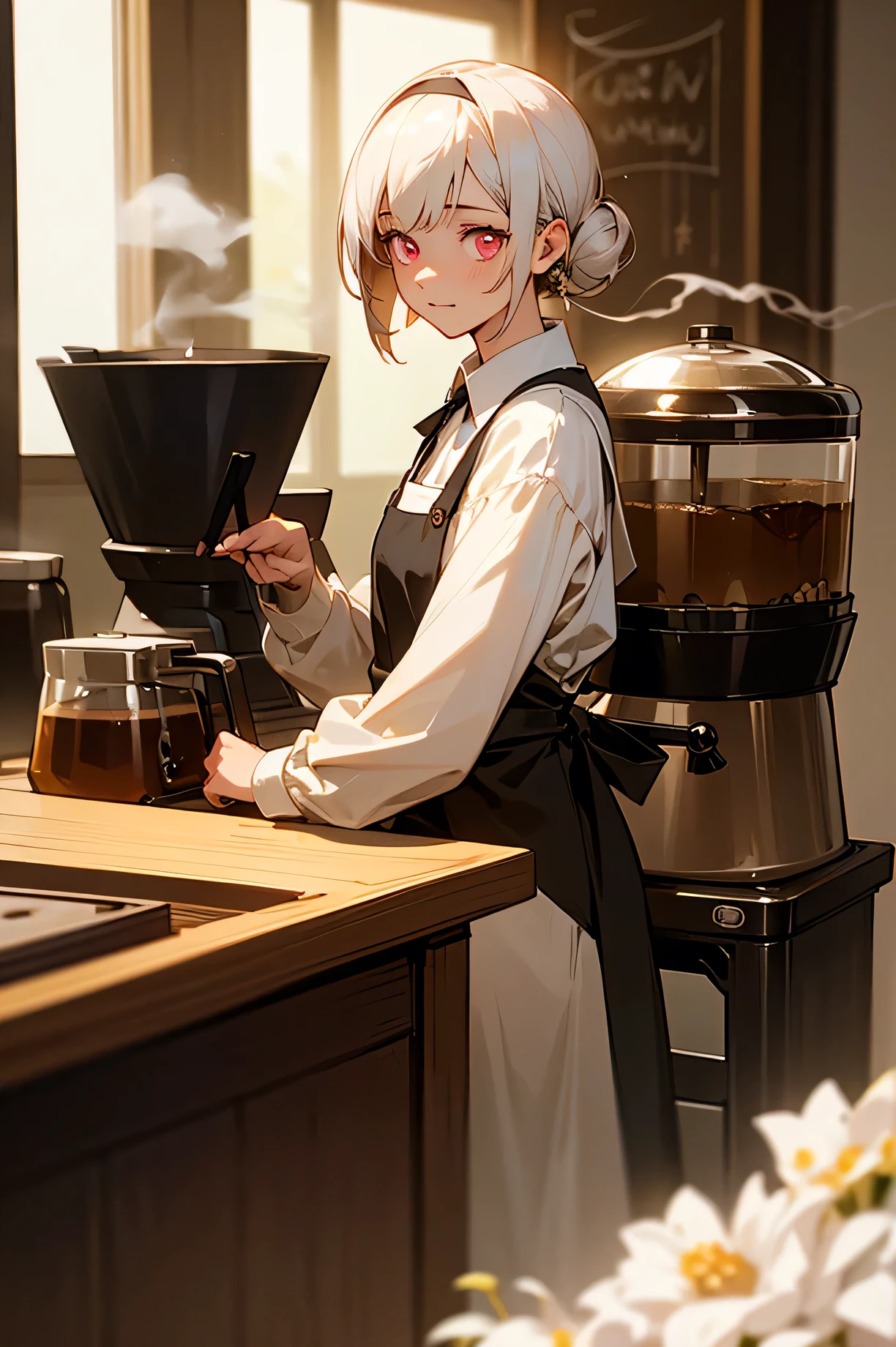 (masterpiece), best quality,  a girl working on a  coffe shop, she she is making coffe in a machine, making coffe, perfect face, expressive eyes, brown apron, coffe shop from inside, tied hair,red eyes, cute girl, cozy, (night), realistic, 4k, intricate, detailed, vase flower, cozy lights, perfect lighting, traced light, warm colors, chairs an tables, everyday life, modern, elegant, (relaxing atmosphere), peaceful, aromatic,happy,happyness, (white hair), white shirt, bartender, soft, brown hairband, humble,delicate, gentle, night, contrast, vivid colors, bokeh, (perfect coffe machine), espresso, (soft), glow, glowing eyes

BREAK she is making coffe, there is a table on the left side with cups, there is a coffe machine in the table, steam is lefting the cup, delicious coffe
, Cmyth,