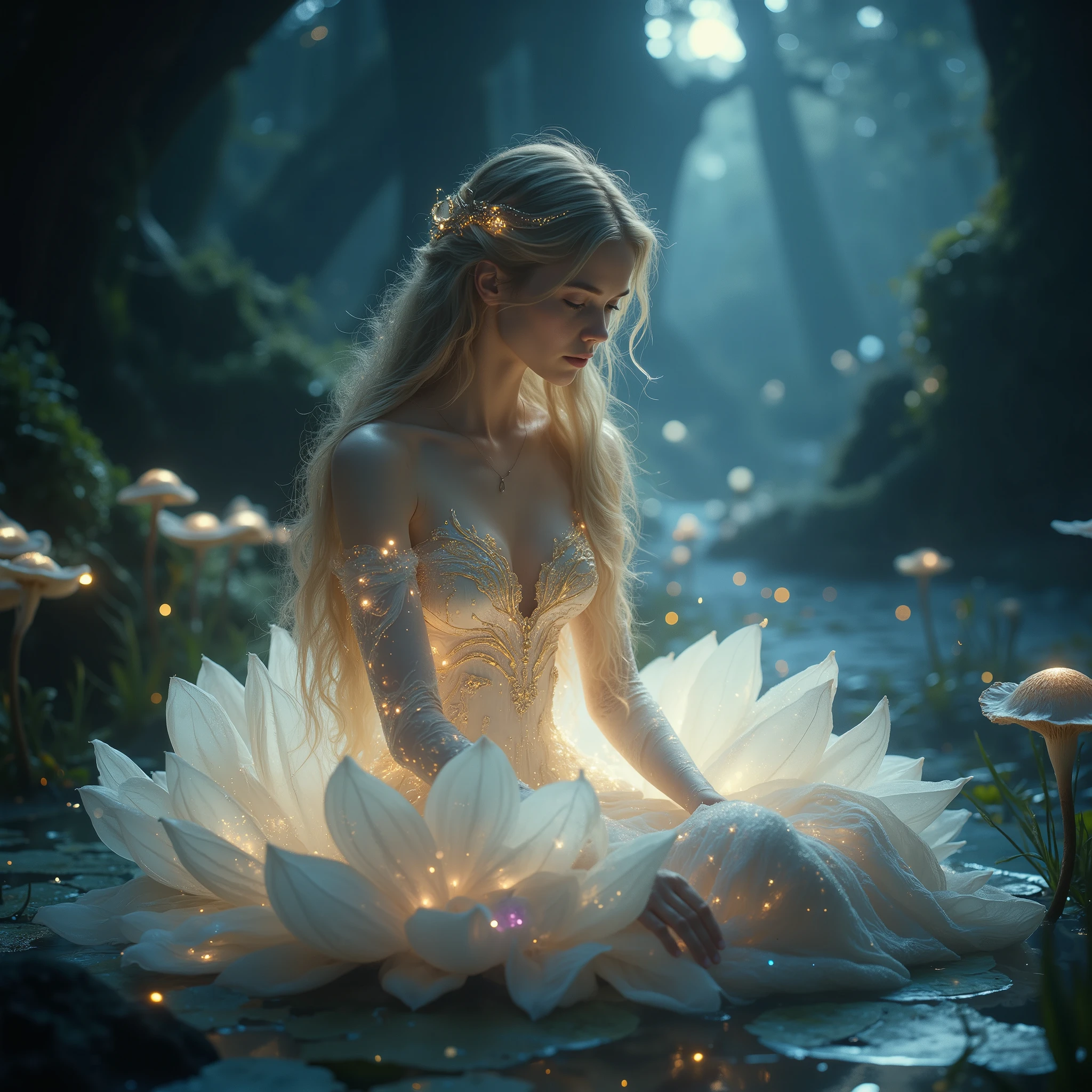 "A breathtakingly beautiful nocturnal fairy años, appearing as a radiant adolescent with a perfectly realistic, angelic face and long golden-blonde hair that glows softly like strands of starlight. Her ethereal beauty is highlighted by her delicate features and shimmering skin, which emits a gentle, magical luminescence.
She wears a vaporous, flowing gown that seems almost alive, crafted from swirling particles of white light interwoven with intricate golden embroidery that glimmers like threads of sunlight. The dress moves as if imbued with its own magic, its delicate fabric radiating a soft glow, blending seamlessly with her radiant aura.
She sits gracefully atop a giant, sacred lotus flower that appears to float above a tranquil, misty pond. The petals of the lotus are luminous, pulsating faintly with shifting colors of white, pink, and soft gold. Surrounding her are clusters of glowing, bioluminescent mushrooms in shades of blue, green, and purple, casting a dreamy light across the scene. Tiny floating orbs of light drift around her, creating a dynamic, magical atmosphere.
The setting is an enchanted nocturnal forest, its dark trees adorned with faintly glowing vines, and the air filled with delicate sparkling particles. The background fades into the mystical depths of the night, where soft beams of moonlight filter through the canopy, adding depth and a sense of wonder. Her serene expression and radiant form make her appear like a goddess of the night, embodying elegance, mystery, and magic."