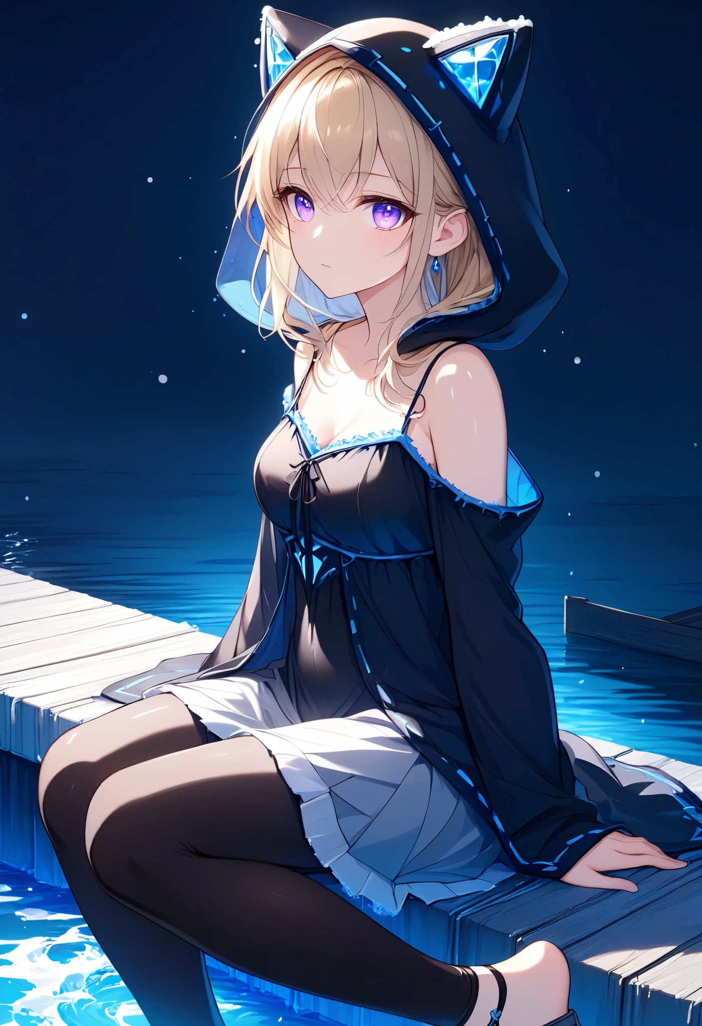High Resolution, High Quality, High Detail, frozen dock, night, 1girl, blonde hair, violet eyes, medium breasts, black cat hood, black cloak, black camisole with blue trim, grey skirt, black leggings, sandals, looking at viewer, arms behind back, reaching for viewer, side profile, feet in water, zoom in, sitting on dock, sitting beside viewer