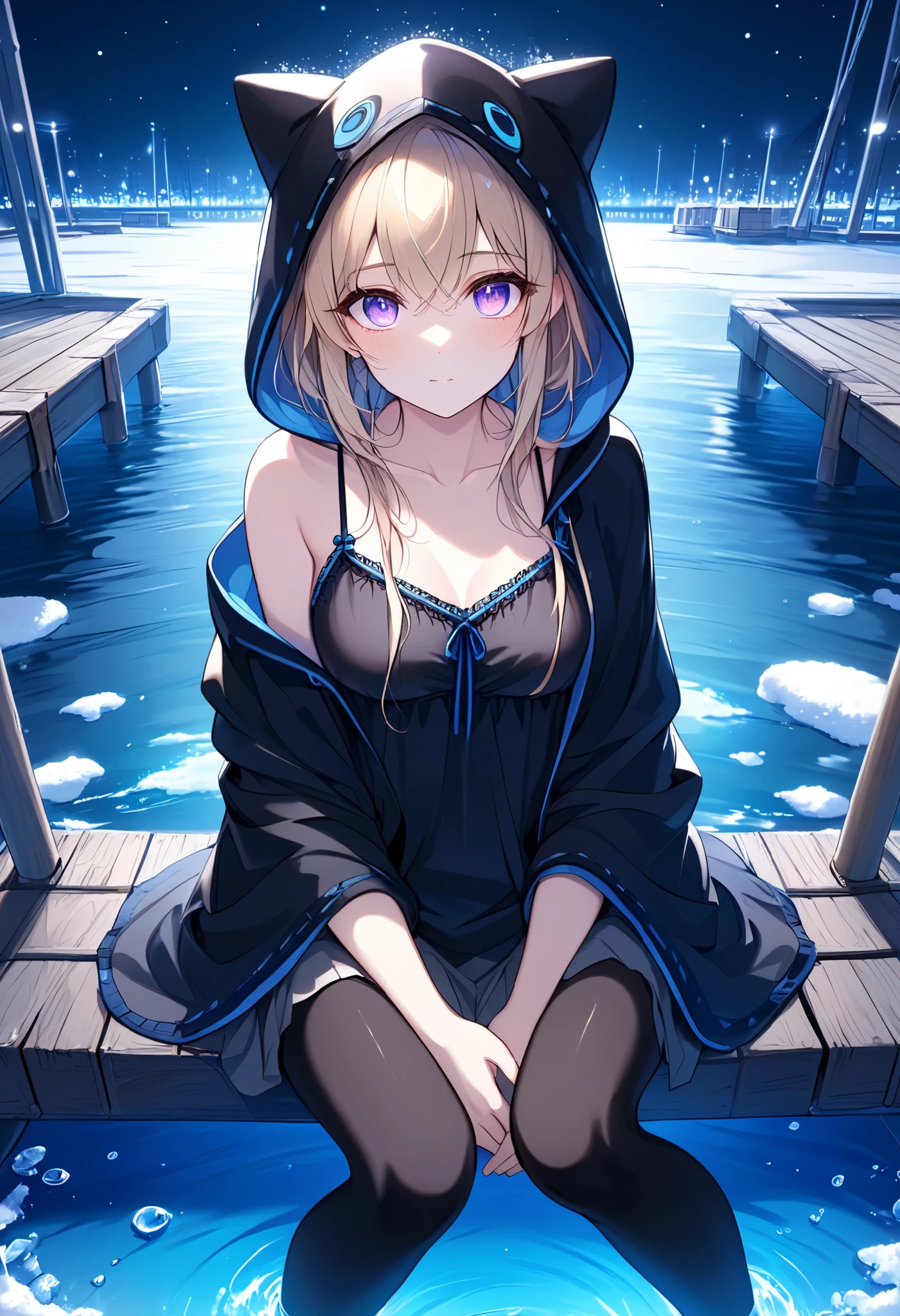 High Resolution, High Quality, High Detail, frozen dock, night, 1girl, blonde hair, violet eyes, medium breasts, black cat hood, black cloak, black camisole with blue trim, grey skirt, black leggings, sandals, looking at viewer, arms behind back, reaching for viewer, side profile, feet in water, zoom in, sitting on dock, sitting beside viewer