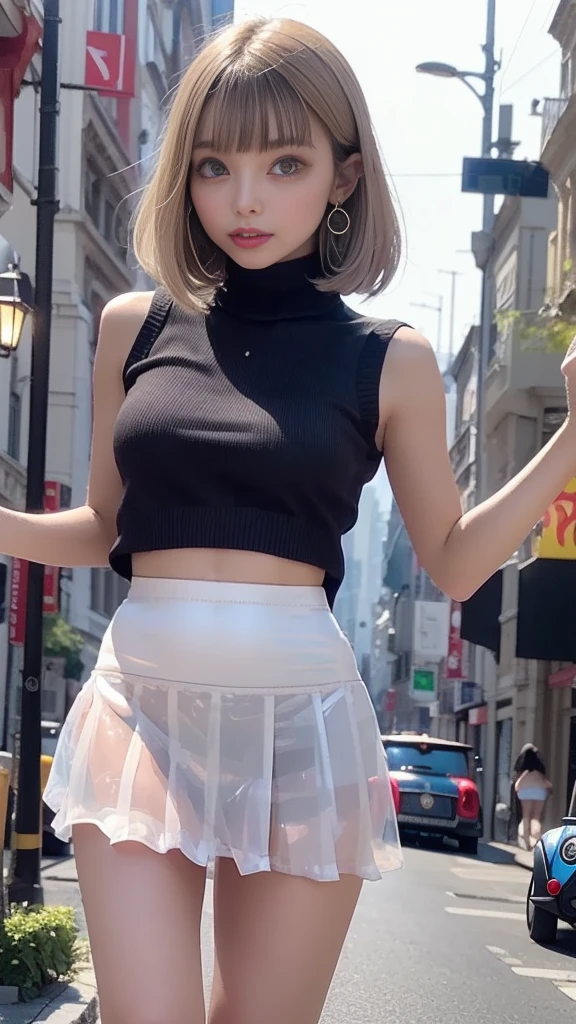 Silver satin ruffled blouse, black mini skirt