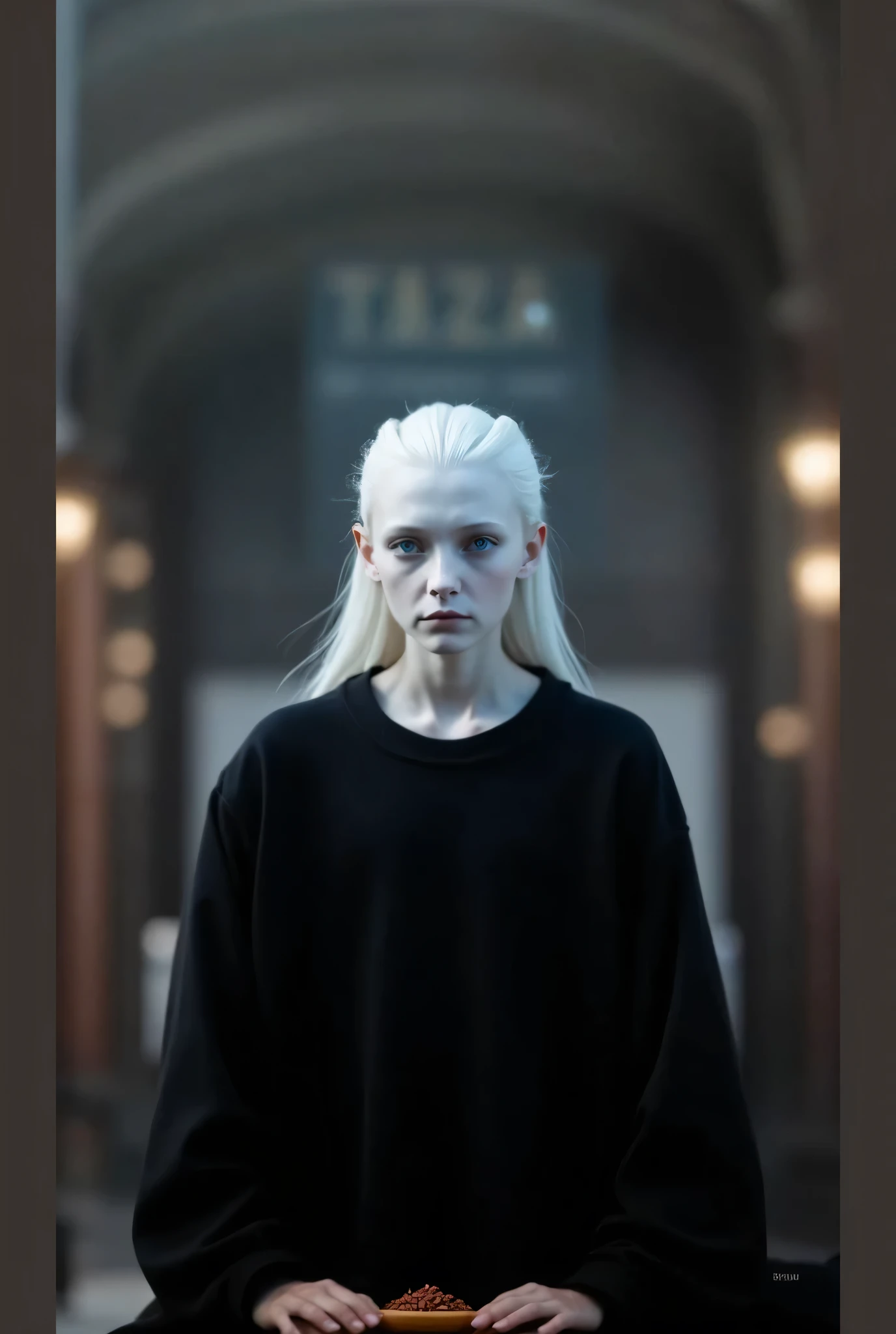 portrait, long hair, white hair,girl wearing a techwear, golden eyes, 1girl, head, face, portrait, princess, absurdres, masterpiece, best quality, gown, short hair, desolation, ruins
,