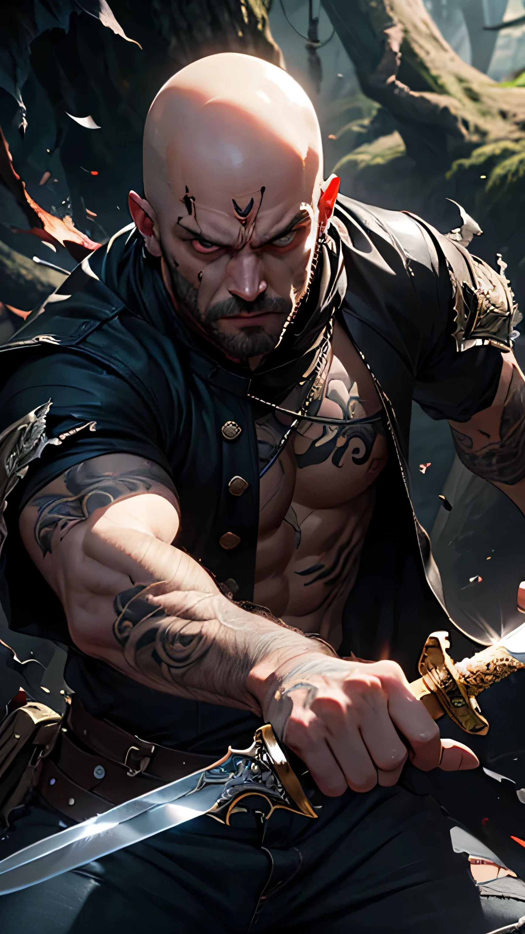 man, sword, torn clothes , Black mist , scary scenario, High resolution, bald, tattoos, High details.