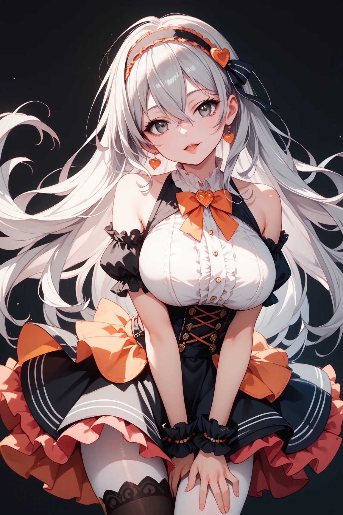 ((masterpiece)), (ultra-detailliert), (illustratio), (Detailed light), (very cute and beautiful), girl with, cute face, The upper part of the body, 2foot, a miniskirt, (beautifully detailed eyes), Red eyes, messy floating hair, Silvery hair,Colorful inner hair, Off-the-shoulder clothing,frilld,Lori,loli big boobs,Large chest,Clothes in black tones,Oneshota,nursing,Composition looking up,licking out,Chewing,