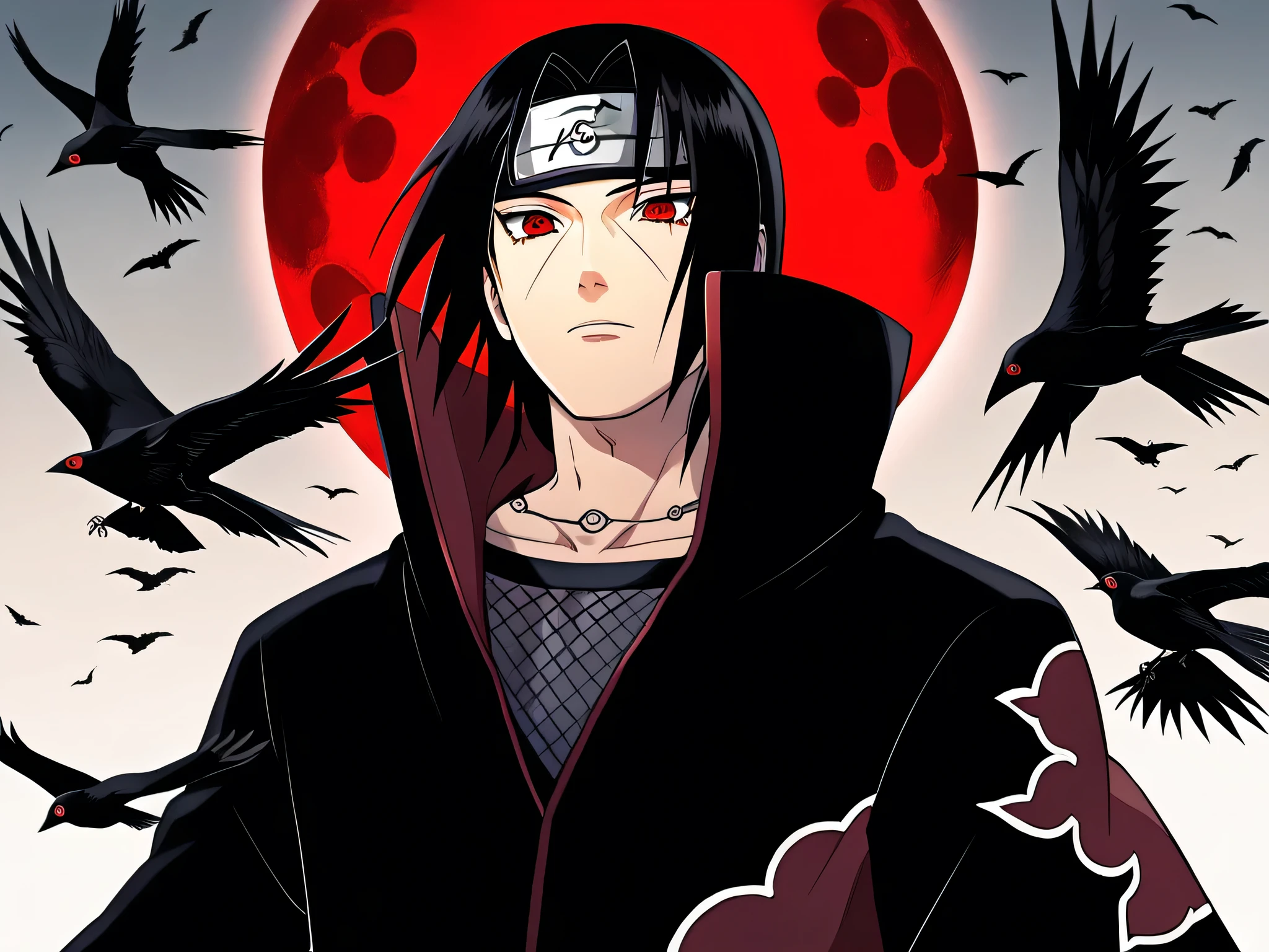 anime character with black hair and red eyes, Itachi Uchiha, itachi, Itachi Uchiha, Sasuke Uchiha, He is a very menacing and evil , from Naruto, Madara Uchiha, Akira Akatsuki , sakimi, chan sakimi, His eyes are red and bright , his eyes are bleeding intense, ryuu, Point of view from below,Red Moon to highlight the character's malevolence, crows