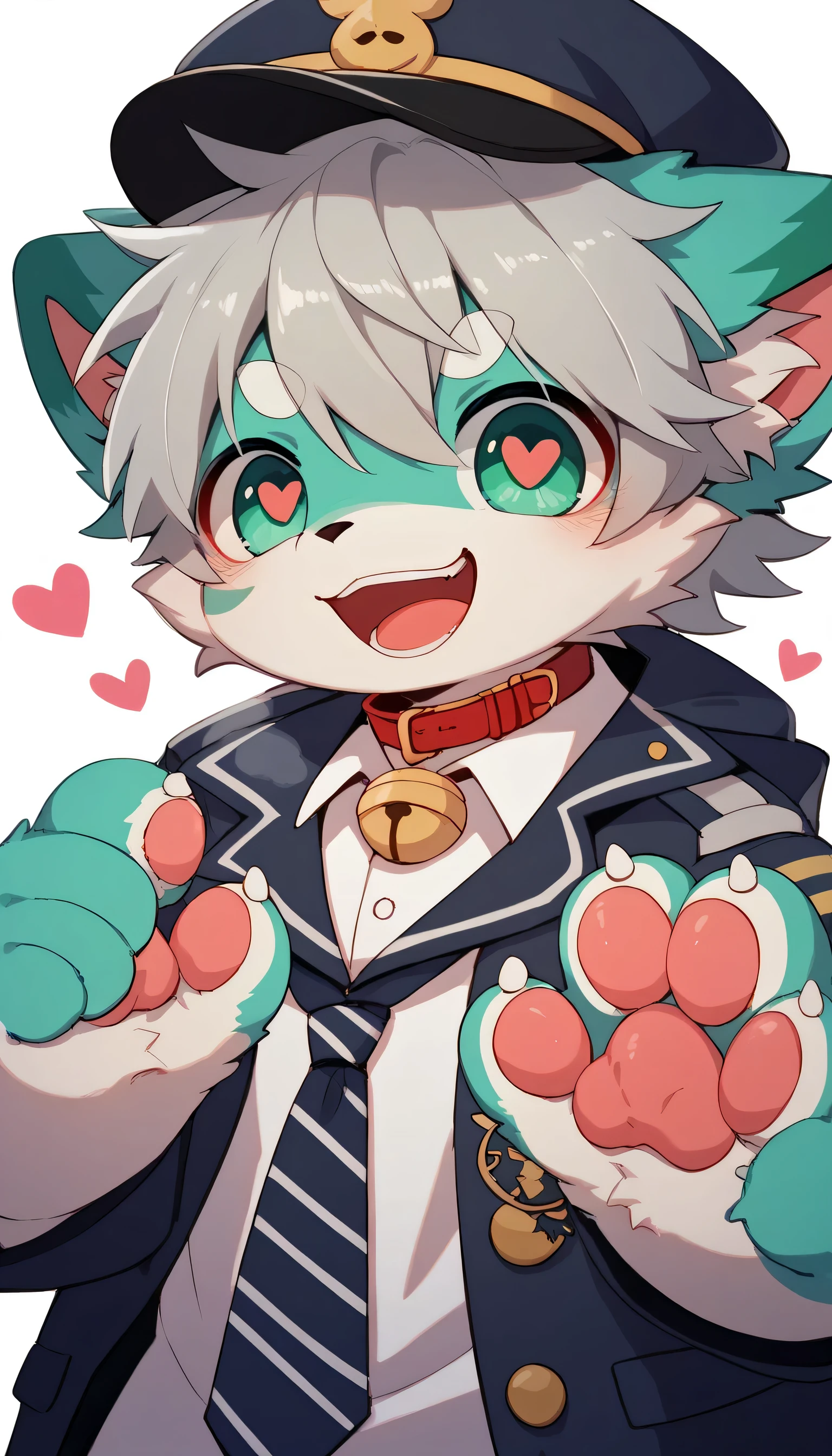 very detailedな, very detailed, blue fur gray hair,,male,骨を見てExcited, heart eyes,participate, red collar, green white and colored hat, cute face, fluffy fur like one,Excited,Horny boy,「paw」「give paw」「shake hands」 's room ,Smiling face,Dropped ears, my mental age is ,Want,uniform brown ,high school