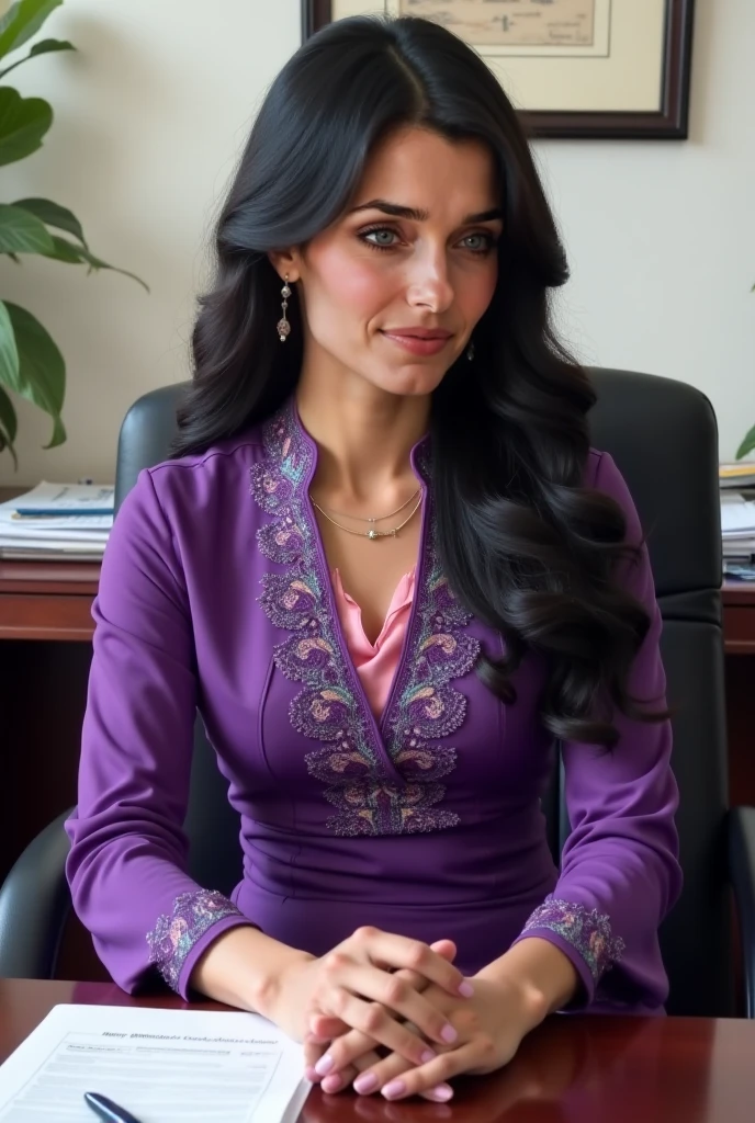 her name is Fatima, a middle-aged Syrian woman, (((snub nose))), (30 years old), (wrinkles), 1girl, solo, (black long hair), smile, wearing peplum dress inside her office, sitting, wide shot, upper body and upper legs
