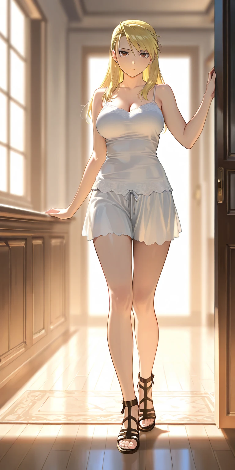 1 beautiful woman,mini skirt,wedding dress,spread legs,sitting in a chair,whole body,small eyes,thick eyebrows,thick lips,smokey eye makeup,medium hair,indoors,castle,masterpiece, extremely fine and beautiful,japanese