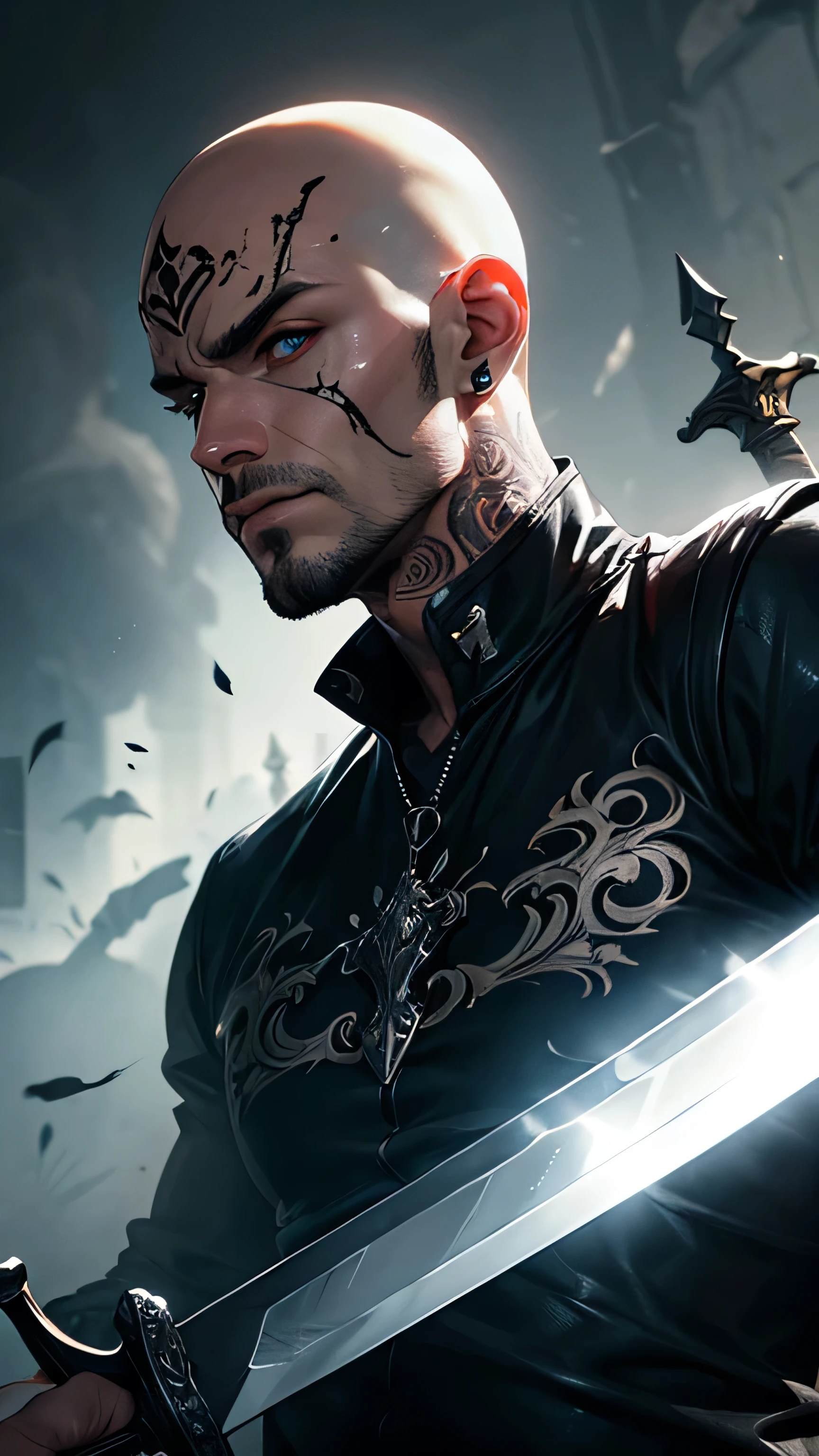 man, sword, black clothes, dark fog, scary scenario, High resolution, bald, tattoos, High details, eyes