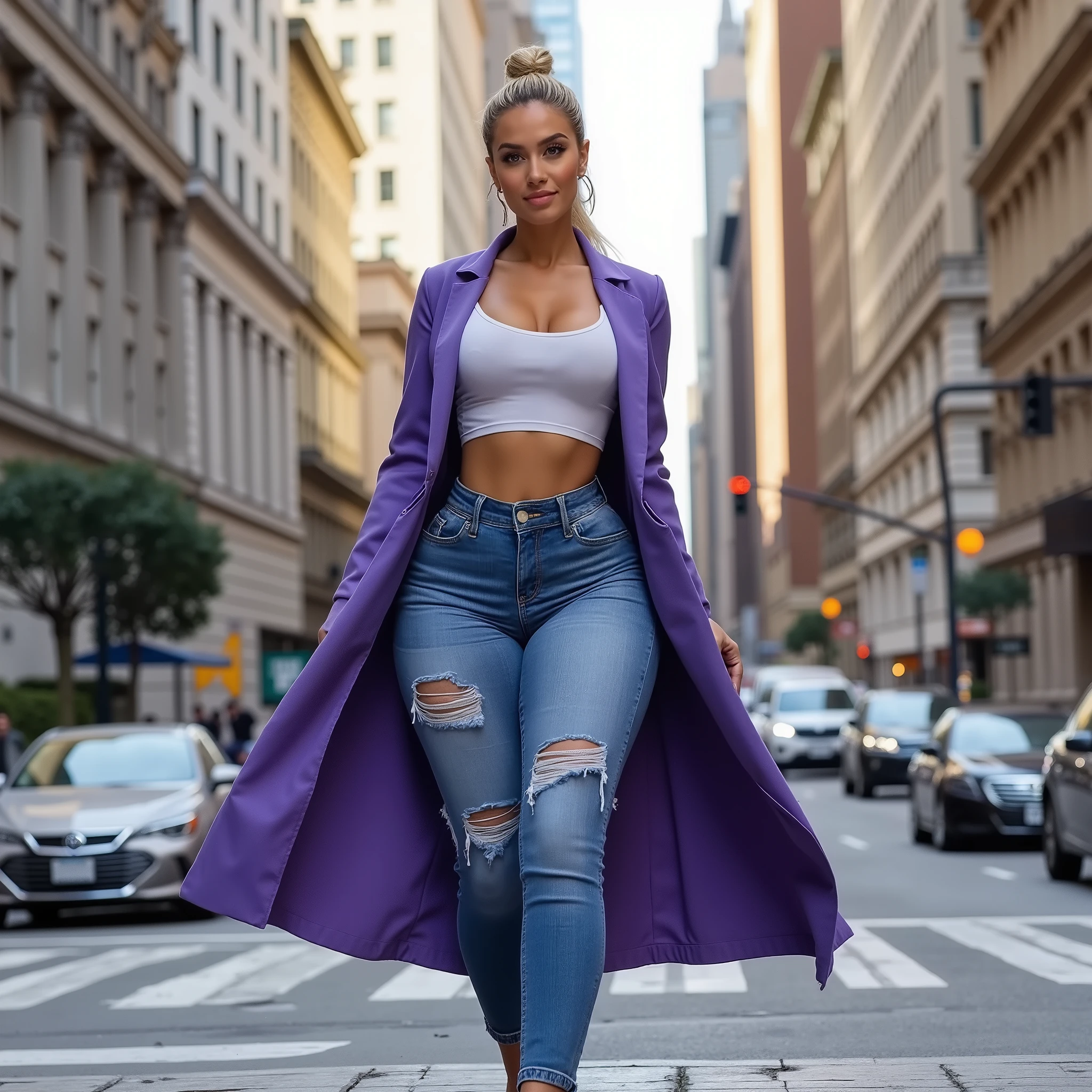 (masterpiece:1.37), best quality, (extremely detailed:1.37) woman, (adult:1.5), (very long hair:1.5), dark purple hair, purple eyes, (extremely detailed eyes:1.37), large breasts, crop top, cleavage, navel, (tight jeans:1.5), (wetting:2.0), standing straight, full body day, daytime, glow, facing viewer, perfect composition, full body, city, street, anime style