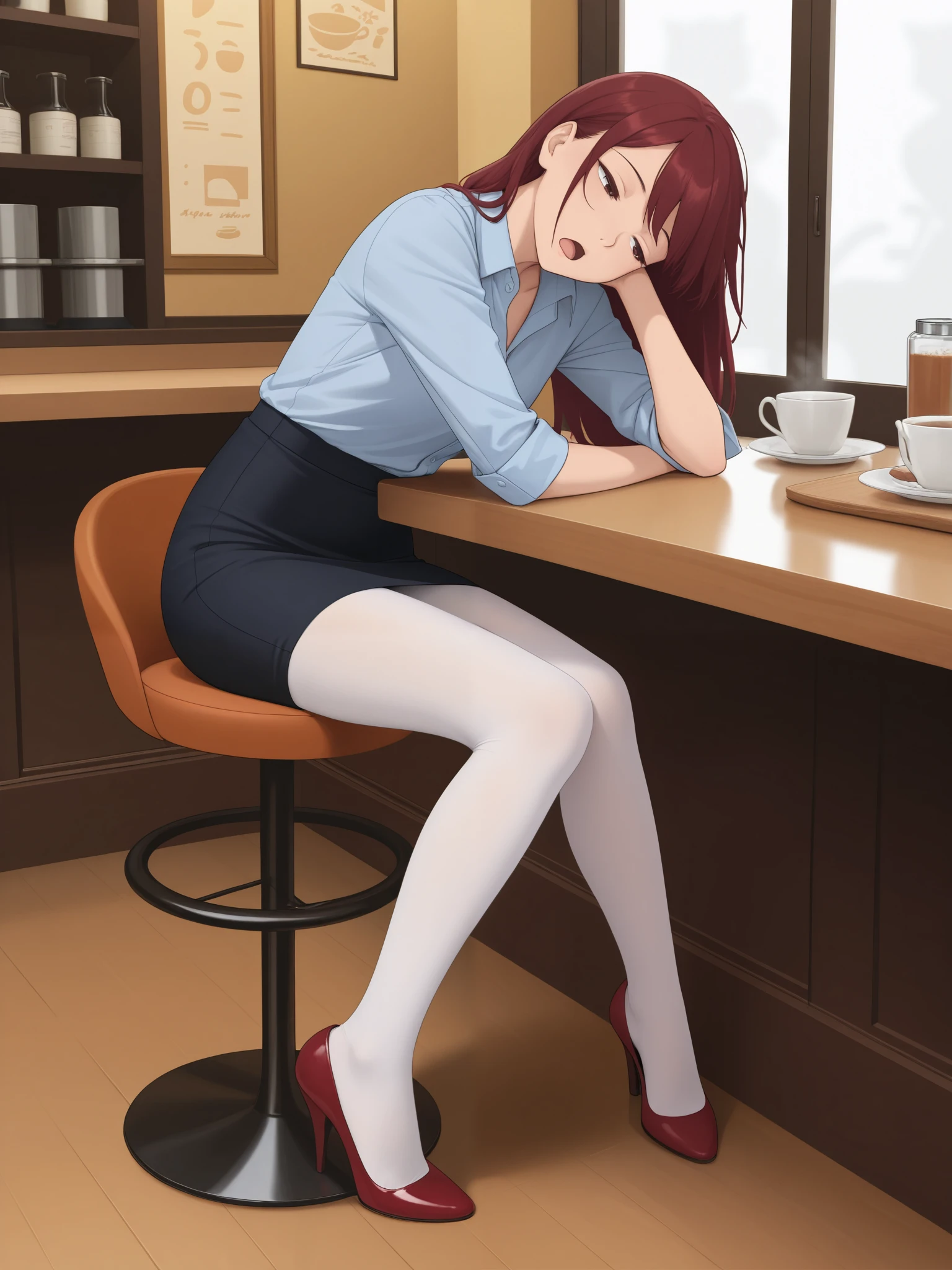 masterpiece, best quality, 1girl, {sleepy:3.0}, {white tights:4.0}, white legwear, open mouth, open eyes, pencil skirt, dress shirt, navy shirt, cafe, official art, dark red hair, long hair, leaning backwards, head tilt, legs bent inward, flat art style, high heels, pink-red shoes, sitting, bored, spaced out, dozing off, dark legwear, flat, anime