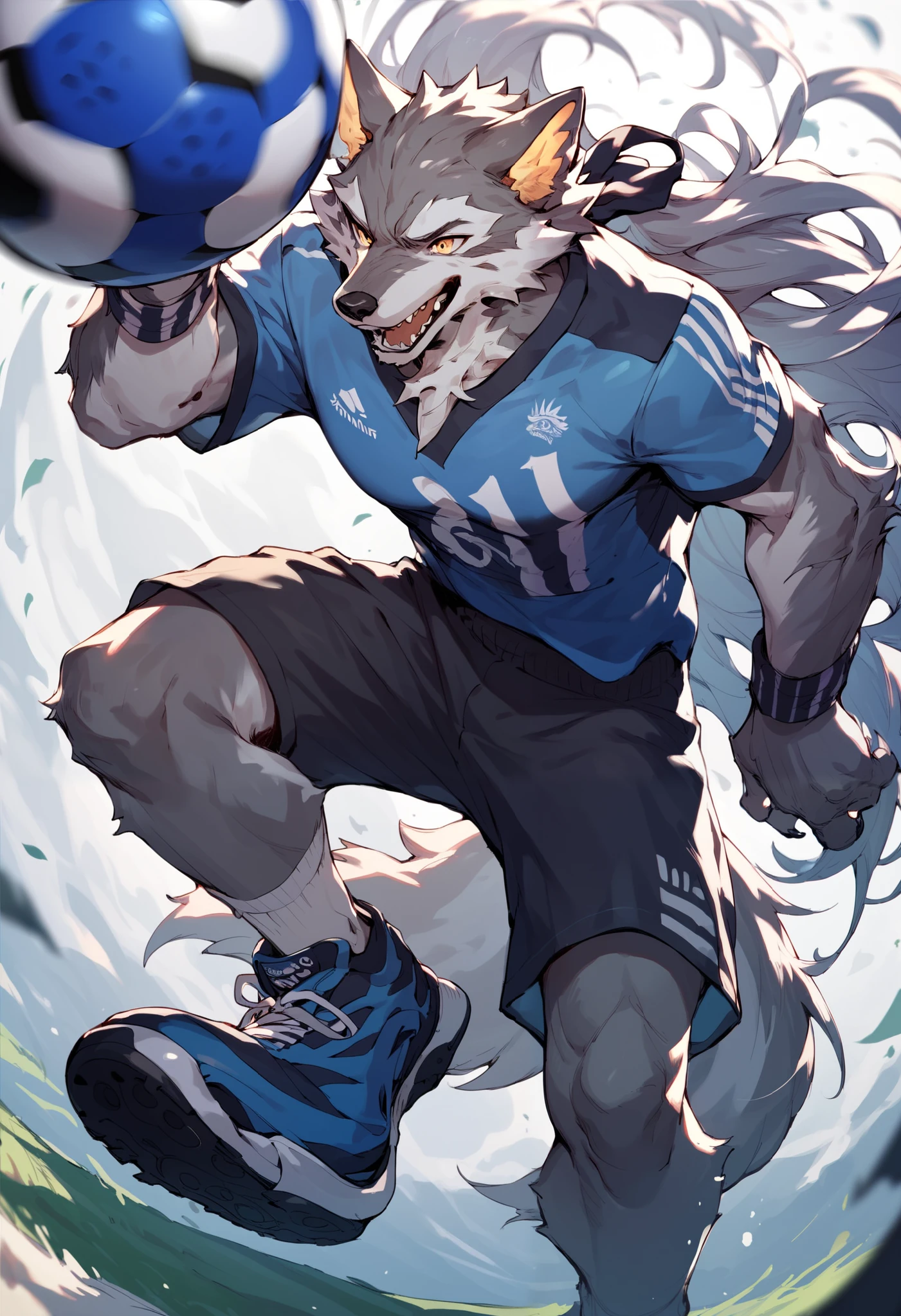 Grey wolf , Playing soccer .
Equipment black and white striped jersey on the vertical and black shorts