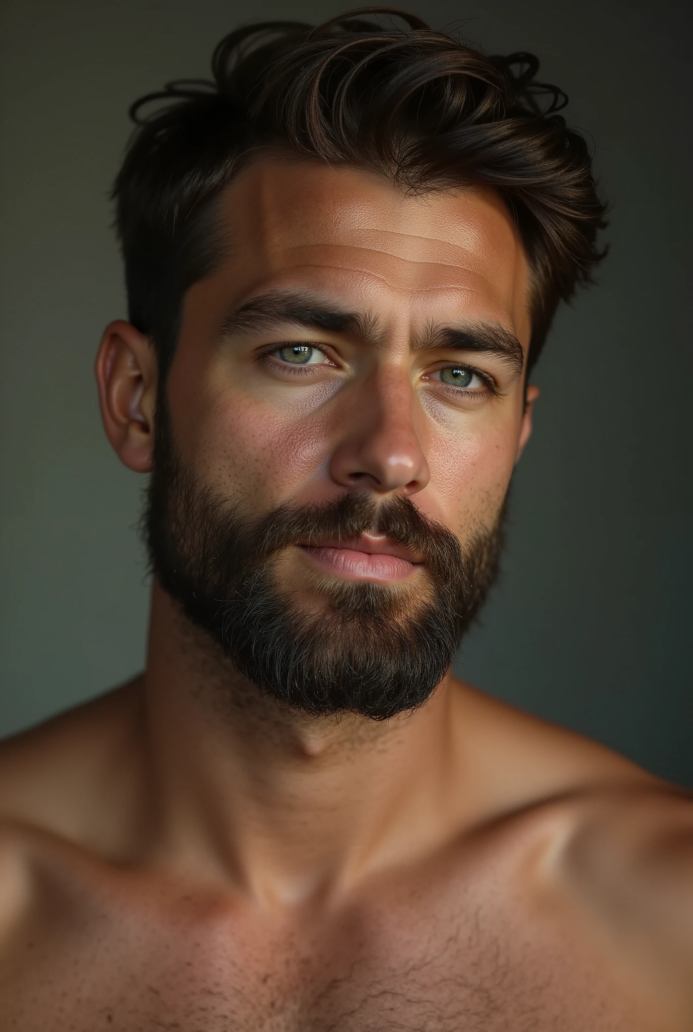  a man with a beard and shirtless shirt looking at the camera, a photorealistic painting inspired by Maximilian Cercha , shutterstock, Photorealism ,  Ultra-Realistic Photography , 24 year old young man with beautiful face, short facial hair,  beautiful handsome body , thin beard, groomed facial hair,  male face, handsome male face ,  Attractive man,  beautiful detailed face 