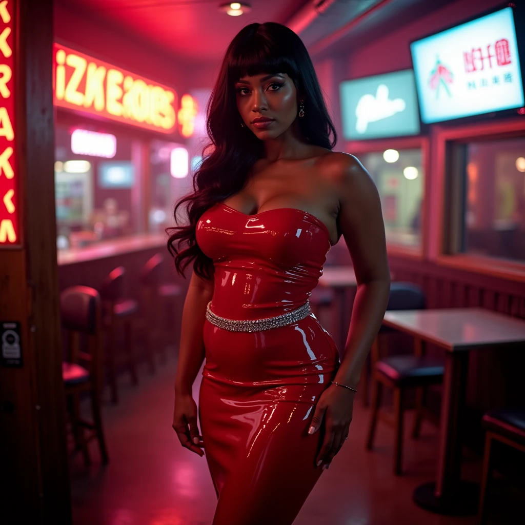 35mm film photography, Captivating Black woman with dark skin and an imposing, tall stature wearing a scanty miniskirt, her breasts exposed and her natural hair moving with the shot, her chiseled 6-pack and slim waist on display from behind., high detail, vibrant color palette, Photo lighting, cinematic angle composition, 50mm
