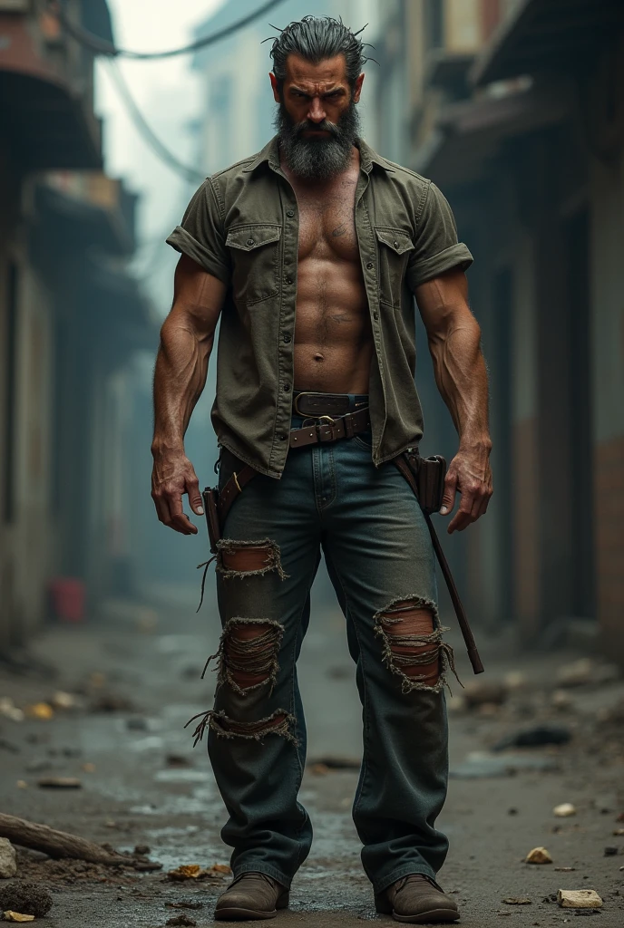 white man with defined physique, hairy, wavy brown hair, bearded, loose gray pants, torn, dirty with dirt , beggar , beggar appealing , homem beggar , beggar gostoso ,beggar sujo, homeless , appealing , poor area of the city , nightfall