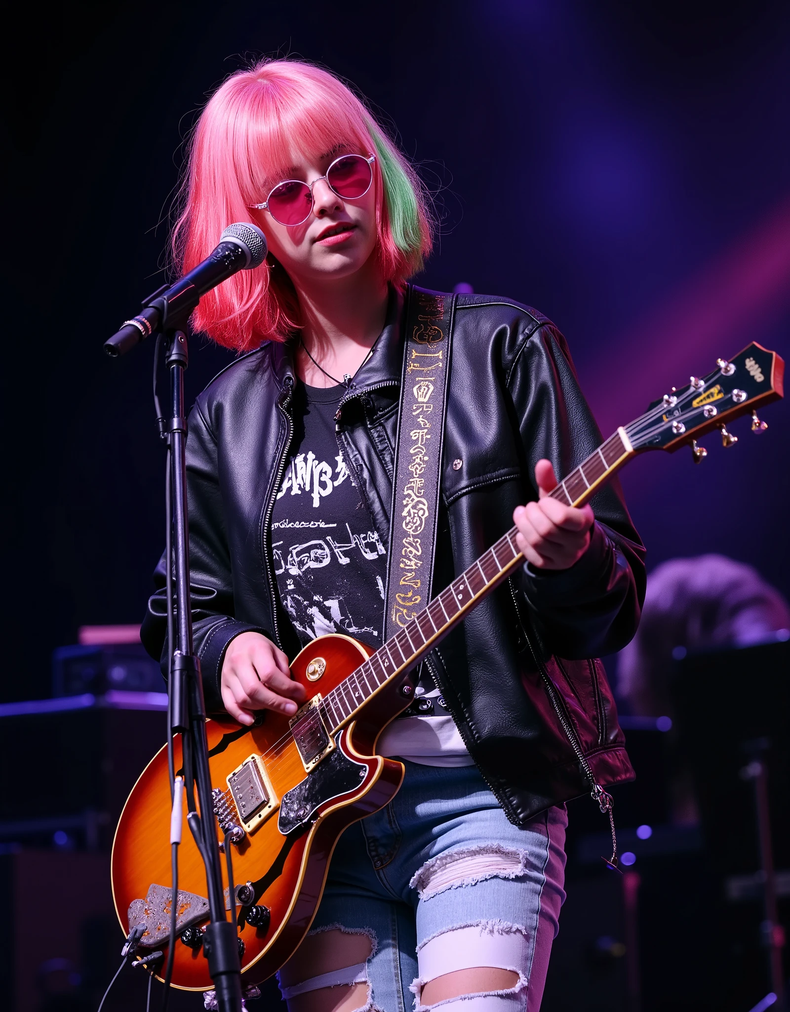 photography ,close focus , in the center of the frame, a young Russian girl with a short stitch ((. Each hair on her head has its own color different shades of pink , red ,green ,blue and yellow ), wearing round sunglasses with pink glasses , she is wearing a black leather leather jacket ( made of black leather ) and a white short top with the words " FREEDOM" light blue jeans with scuffs and holes in her knees and plays electric guitar (cool gibson ) slightly arching back , On stage,concert, in front of her is a microphone , , maximum detail, close-up , waist-deep , The focus on her face