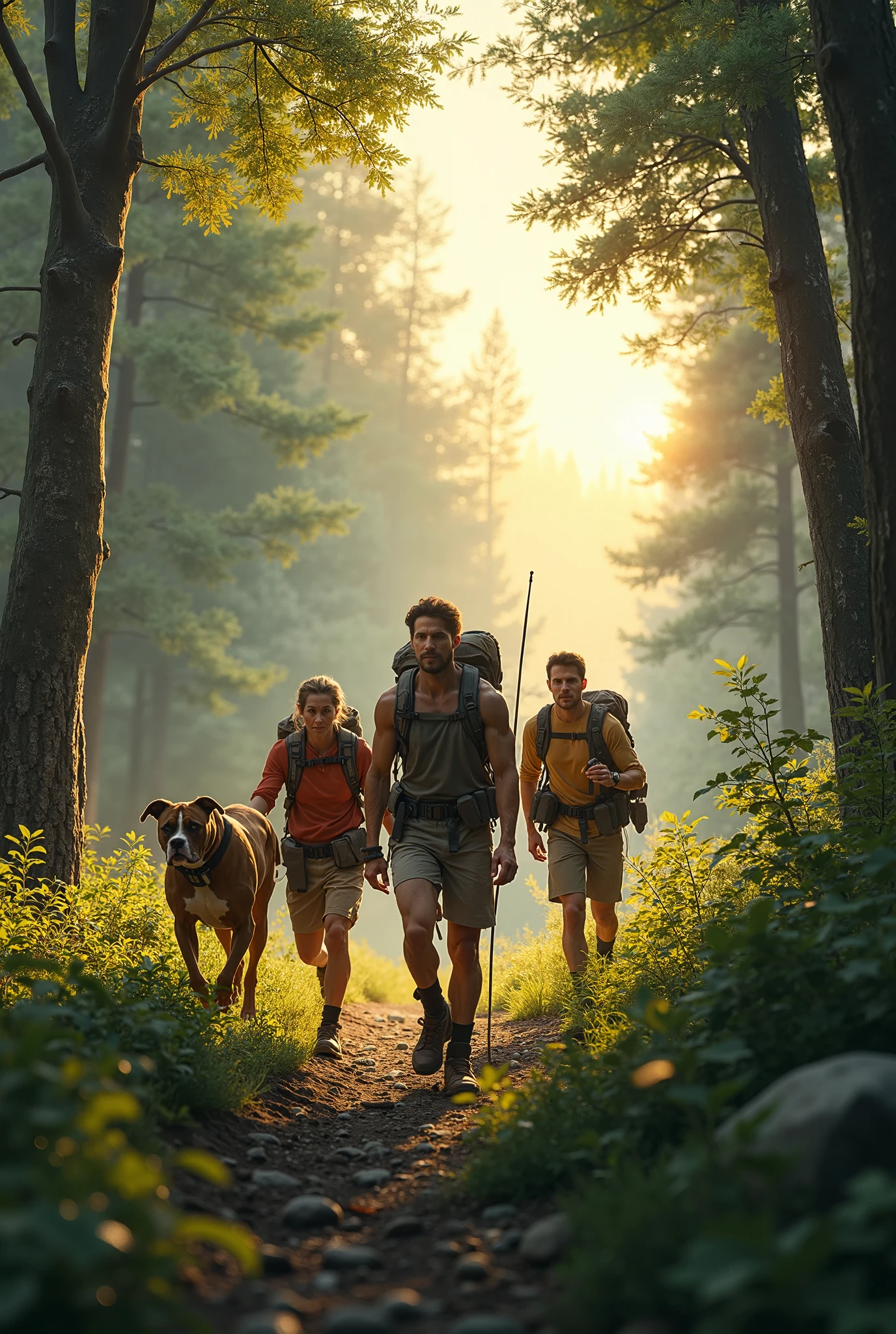 3 men running towards several cabins in the middle of the forest