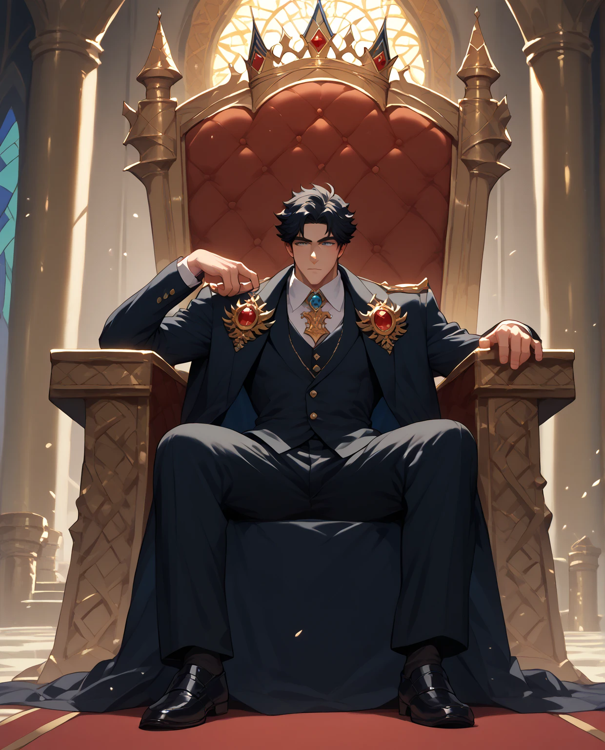 1man,(male,muscular man,bodybulder) black bodysuit, sitting, crossed legs, black eye patch, throne, looking down, from bottom, looking at viewer, outdoors, masterpiece, best quality, very aesthetic, absurdres
