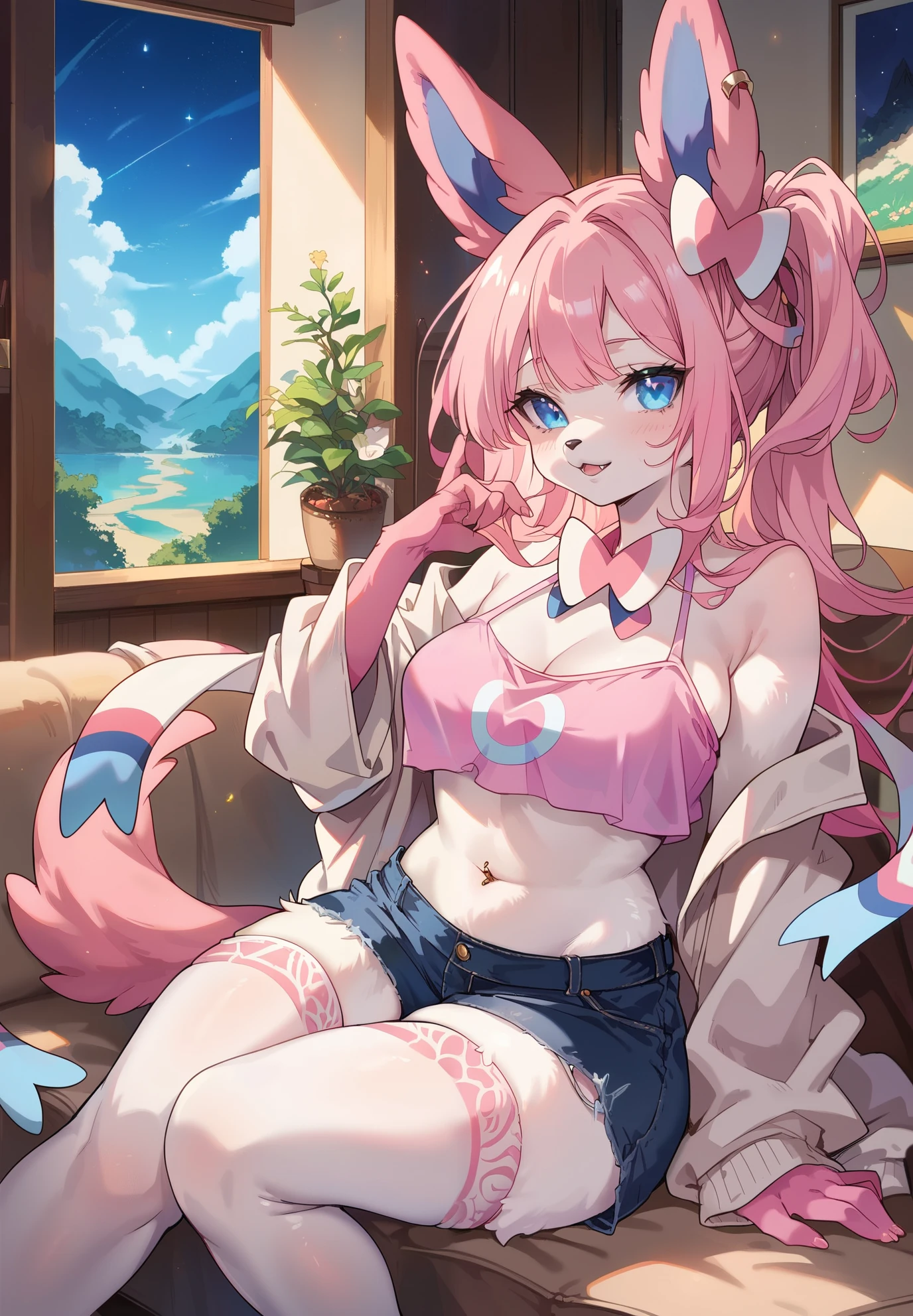 source_furry, BREAK, furry, anthro, 1girl, Sylveon, Pokemon, pink hair, colorful body fur, blue eyes, pink crop top, piercings, thigh highs, sitting on a couch, sexy pose, lustful, BREAK, night time, mountain cottage, cinematic lighting,