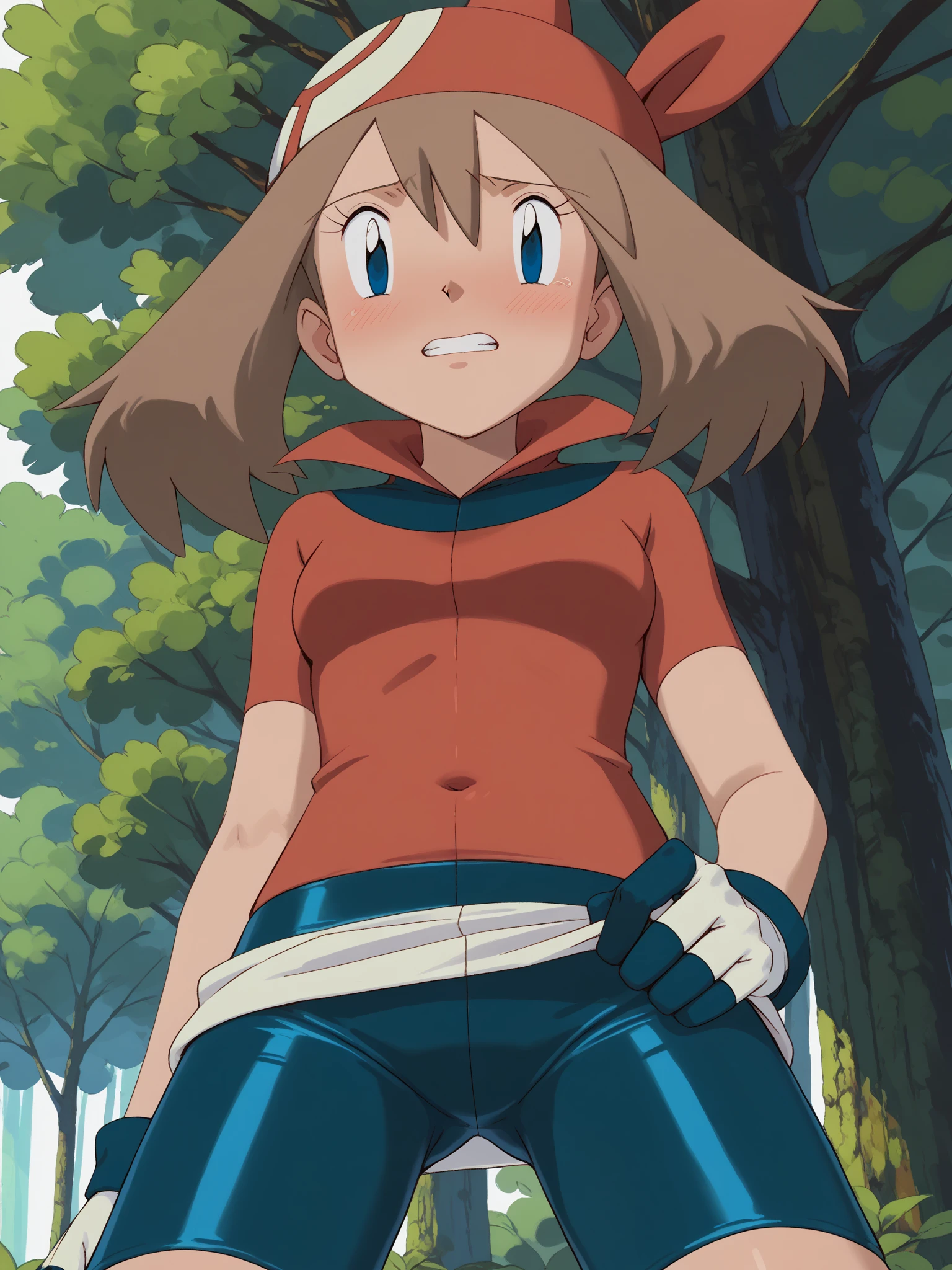 masterpiece, best quality, highres, outdoors, 1girl, solo, serena (pokemon), pink headwear, red skirt, black shirt, bare shoulders, black thigh high stockings. black sneakers, looking at viewer, gagged, tape gag, tape on the mouth, tied, tied up, bound, tied wrists, tied feet, seated on the floor, frowning.