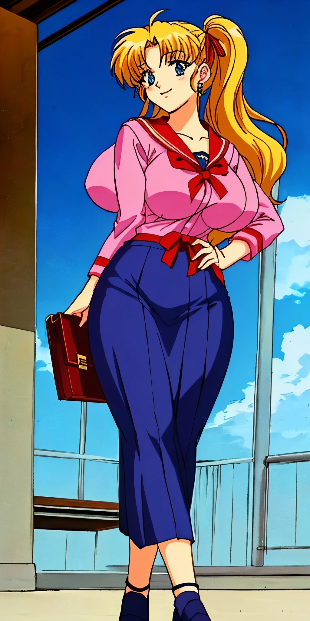Young woman drawn in 80’s anime art style.
Retro anime. Vintage Anime. Classical Anime.
She has long and wavy blonde hair, blue eyes, full lips, and a beauty mark located under the right side of her mouth. She is well known for her curvaceous figure of which her most distinctive trait is her very large breasts. She is also wearing jewelry and a seductive smile.
She is wearing a sailor fuku (セーラー服, sērā fuku, sailor outfit) is a common japanese style of uniform worn by women, traditionally by high school female students.
The uniform generally consists of a sailor-styled blouse attached with a (Navy blue sailor-style collar) and a Dark Navy Blue Sailor Blouse. The length of the long skirt goes down past her ankle.
A ribbon is tied in the front and laced through a loop attached to the sailor blouse. The color is the ribbon is red. (RED RIBBON)
(Dark Navy Blue Sailor Shirt)
(Dark Navy Pleated Skirt)
She is holding a briefcase
(High School)